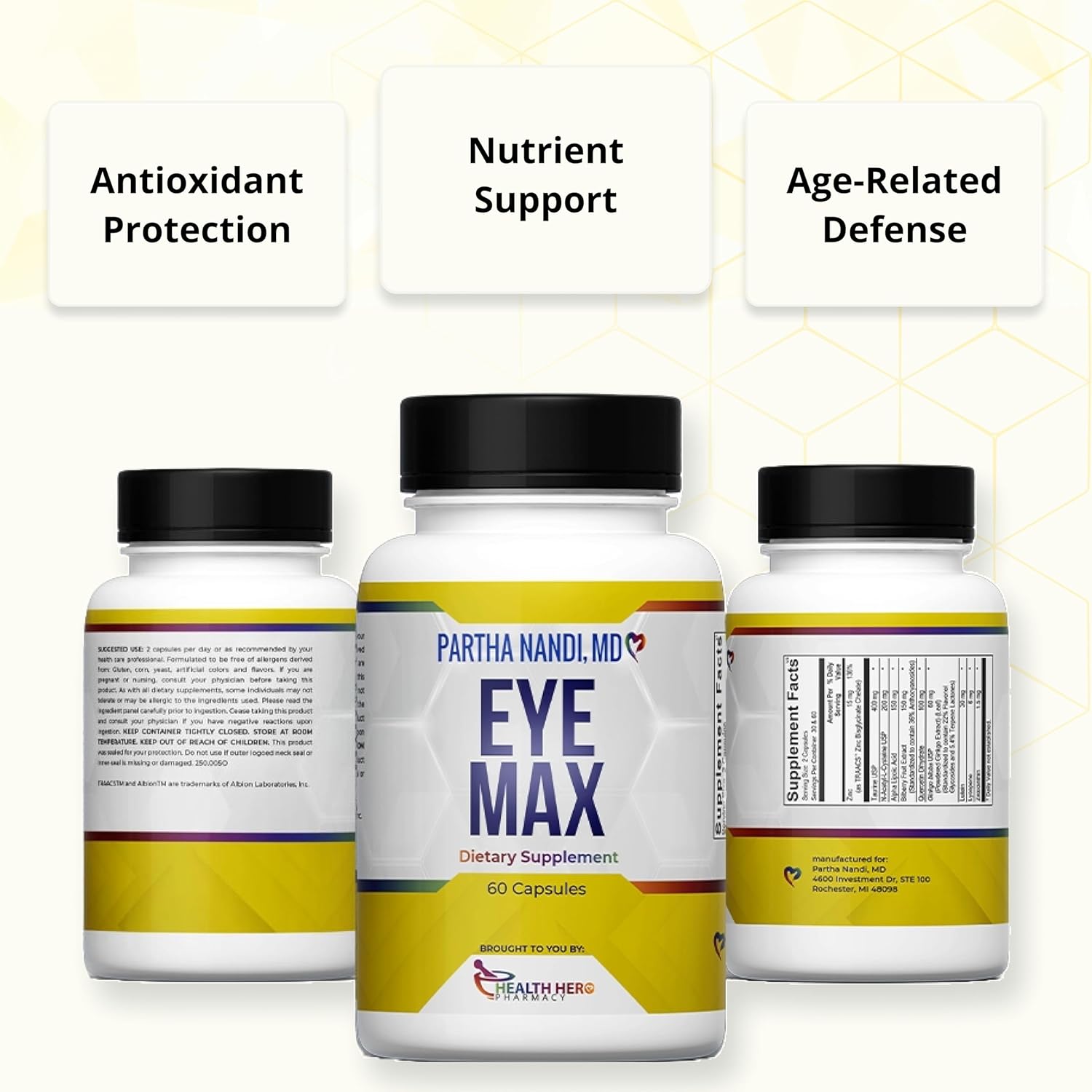 Dr. Nandi’s Eye Max Vision Supplement – Lutein, Zeaxanthin, Lycopene, Zinc – Eye Vitamins for Macular & Retina Support – Blue Light Protection, Visual Clarity & Antioxidant Support – 60 Vegan Capsules