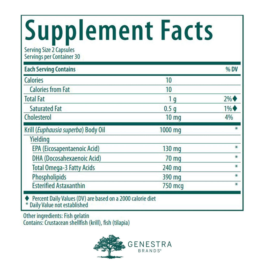 Genestra Brands Krill Oil | Blend of Omega-3 Fatty Acids, Phospholipids, and Astaxanthin | 60 Capsules