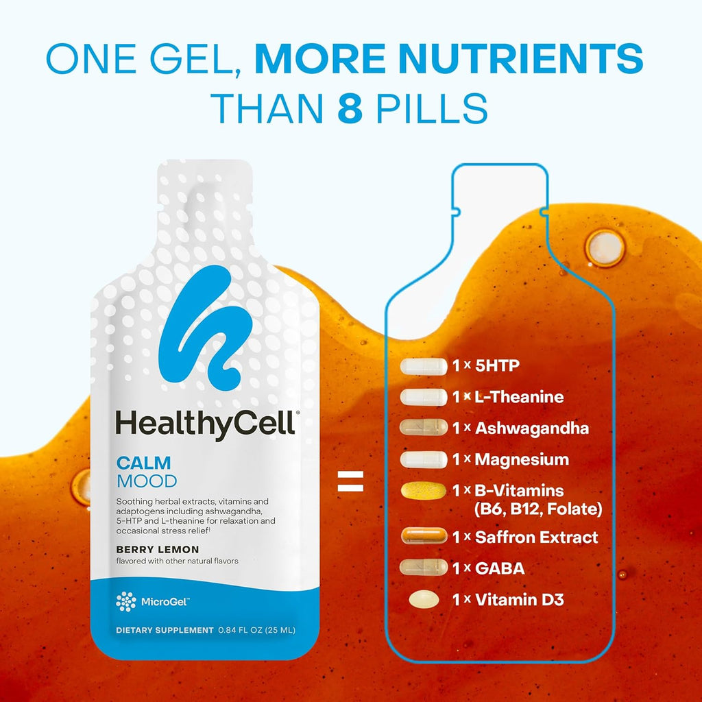 Healthycell Calm Mood Daily Liquid Supplement - Cortisol Manager & Mood Support Supplement for Stress with Ashwagandha, L-Theanine, Magnesium, 5-HTP, GABA & Saffron - 30 Gel Packs
