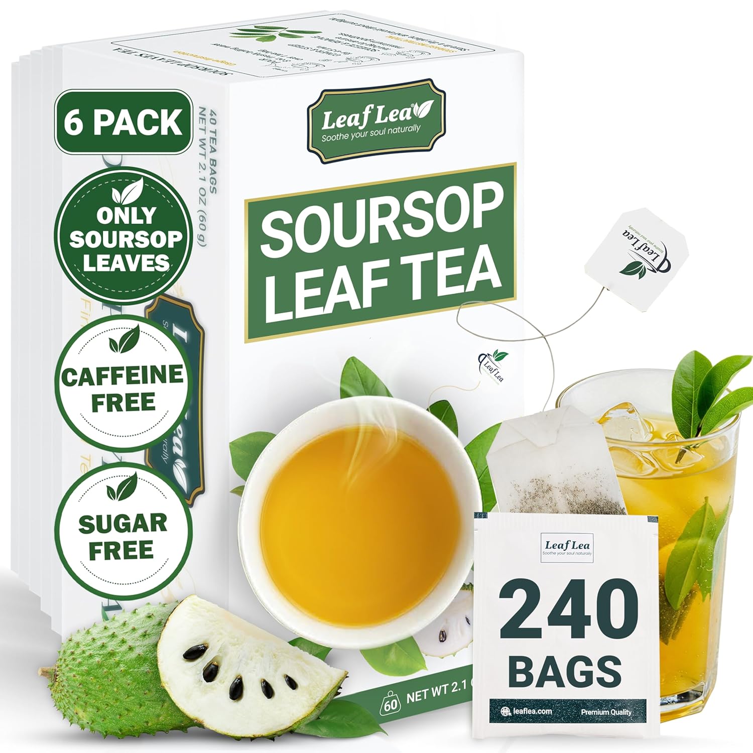 LeafLea 240 Premium Soursop Leaf Tea Bags, 100% Dried Soursop Graviola Leaves with a Smooth, Earthy Flavor, Hoja Guanabana Leaf Herbal Tea Bags for Natural Digestion Support, No Caffeine, Sugar-Free