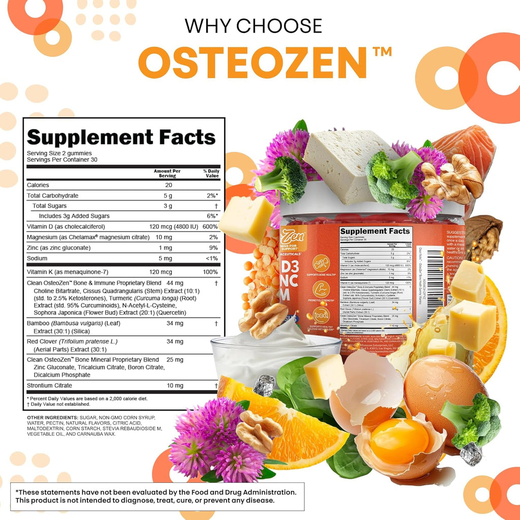 Osteo Zen Vitamin D3 K2 Gummies Bone Support Magnesium Zinc Calcium Quercetin Boron Choline Red Clover Turmeric 60 Count Tangerine Tang Flavor for Skeletal Strength & Resilience by Clean Nutra