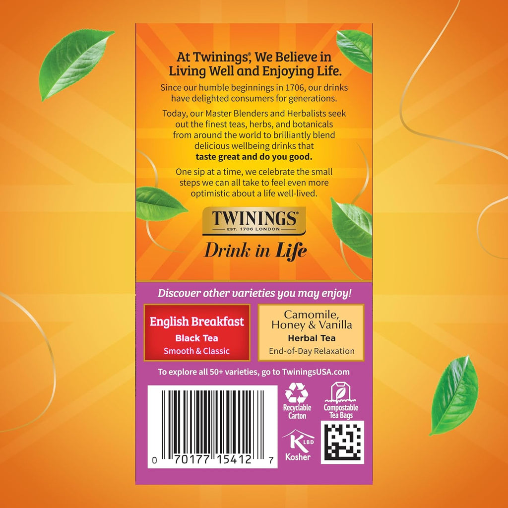 Twinings Darjeeling Black Tea Individually Wrapped Bags, 20 Count (Pack of 6), Delicate Light Taste, Caffeinated, Enjoy Hot or Iced, 120 Teabags