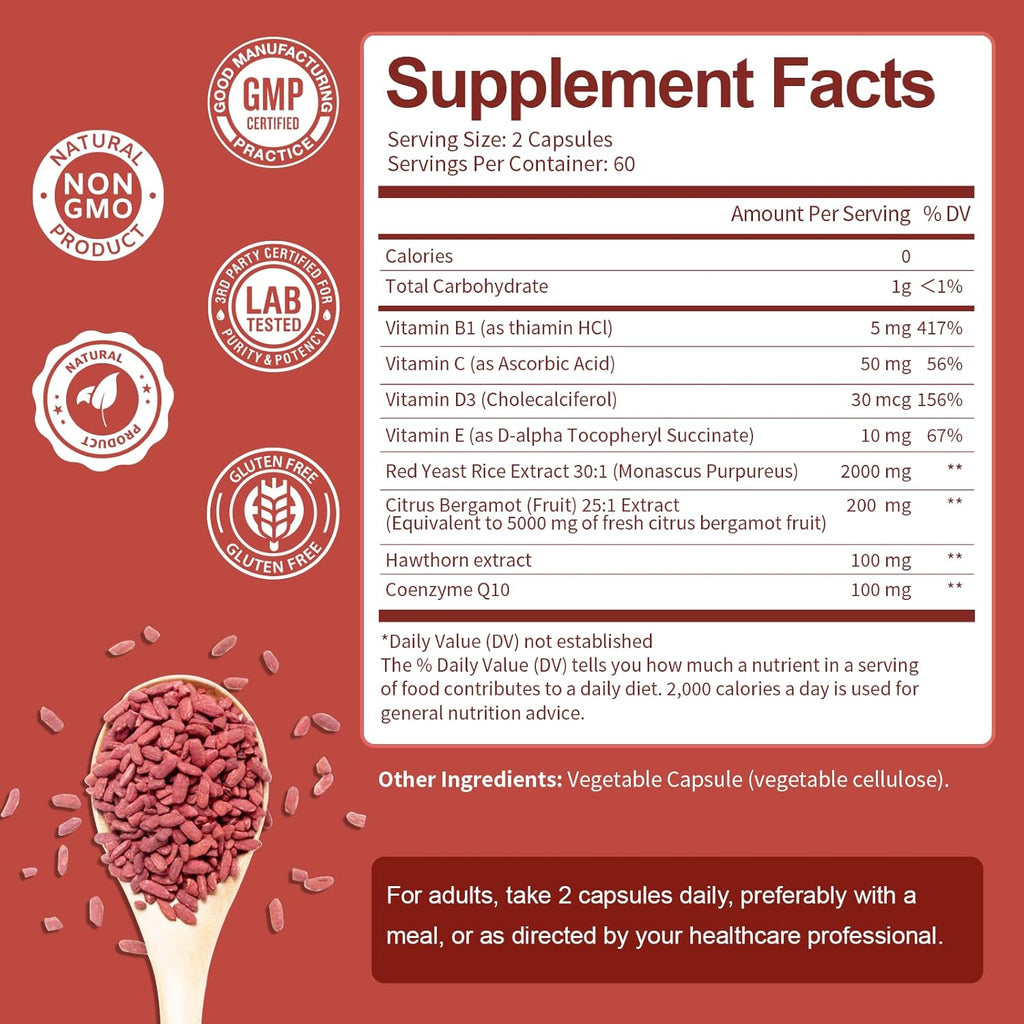 (2 Packs) Red Yeast Rice with CoQ10 Supplement - Citrinin-Free Red Yeast Rice 2,000 mg Capsules with CoQ10 100mg Plus Citrus Bergamot - Niacin-Free, Cholesterol & Energy Supplement 3rd-Party Tested
