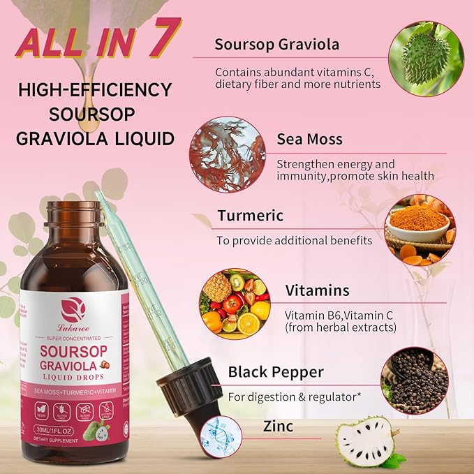 (2 Pack) Soursop Graviola Leaf Extract Liquid Drop Plus Pure Botanical Sea Moss for Cell Support & Regeneration, Immunity and Gut Health, Soursop Bitters Liquid丨Full Texture,Strawberry Flavor,1 Fl Oz