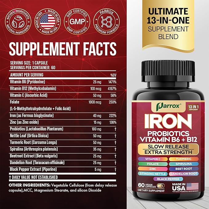 Iron Supplement, Slow Release Iron, Probiotics, Spirulina, Turmeric, Vitamin B6, Methylated B12, Vitamin C, Zinc, Beetroot, Nettle Leaf, Dandelion Root, Black Pepper, Extra Strength, 60 Capsules 2Pack