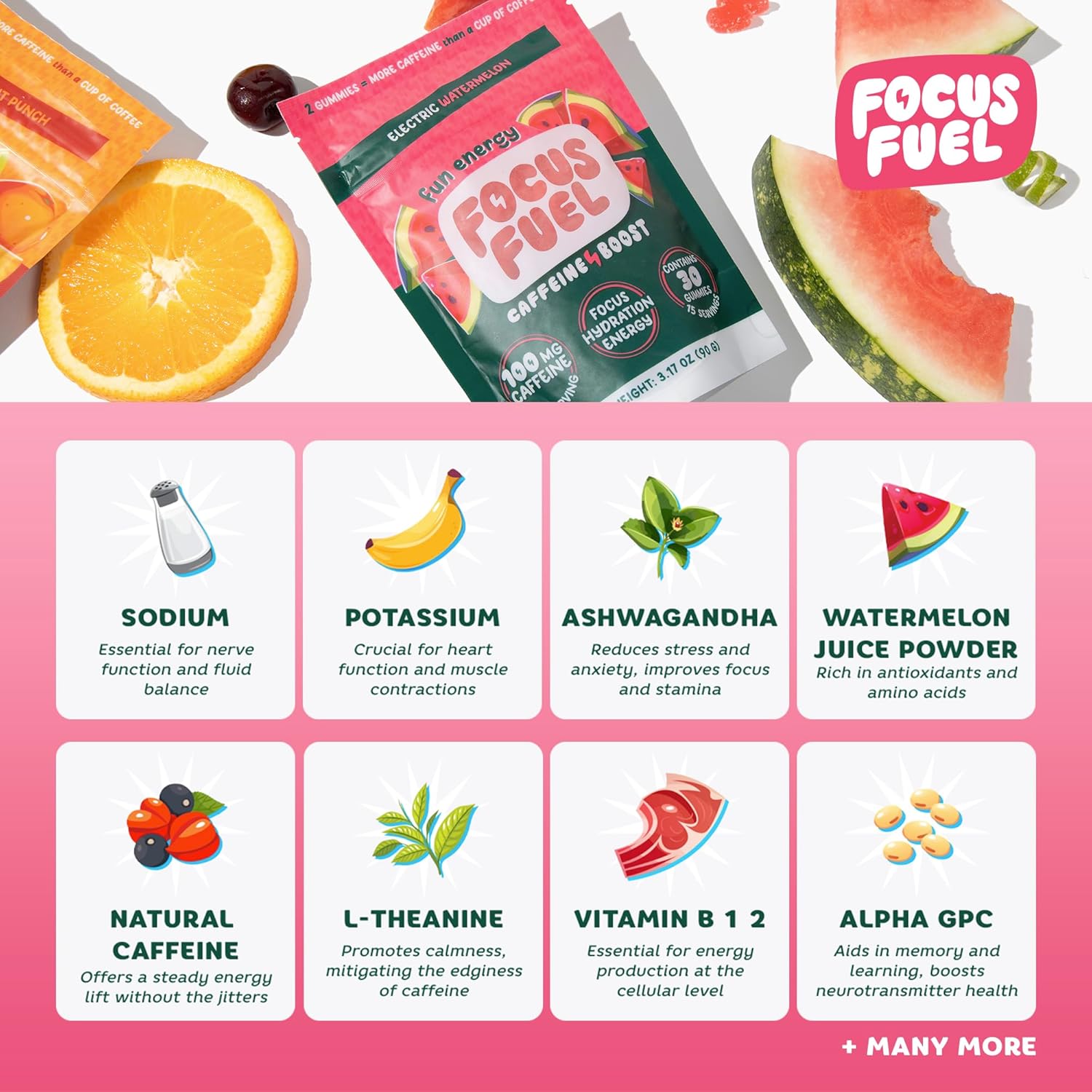 Energy Chews – Watermelon Flavor (15 Servings) – 100mg Caffeine + L-Theanine + B12, Magnesium – All-Natural Energy Boost – No Crash or Jitters