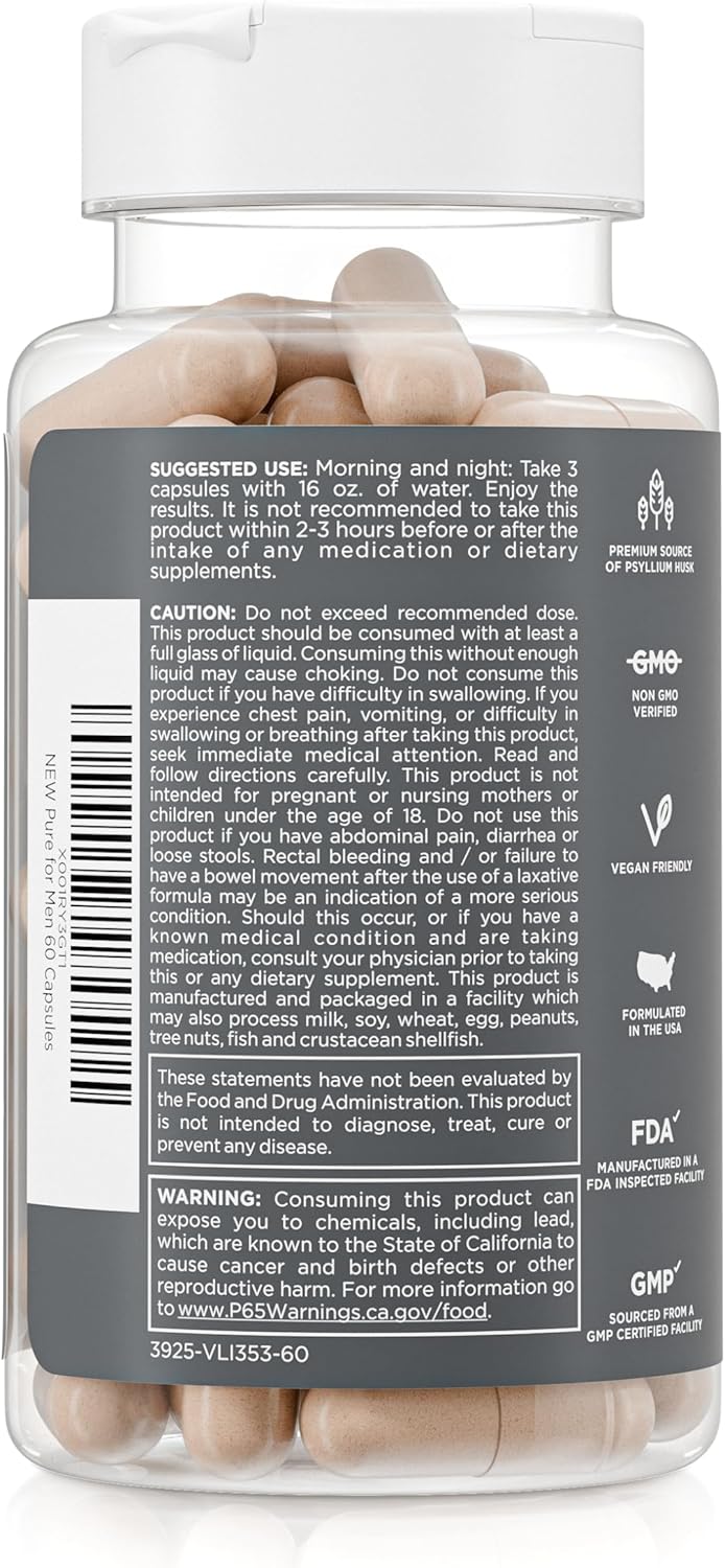 Pure for Men Original Cleanliness Stay Ready Fiber Supplement | Helps Promote Digestive Regularity | Psyllium Husk, Aloe Vera, Chia Seeds, Flaxseeds | Proprietary Formula | 60 Vegan Capsules