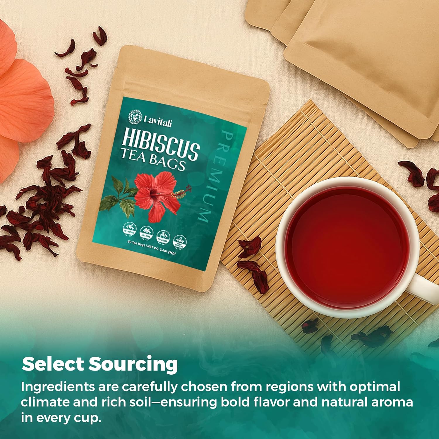 Lavitali, Hibiscus Tea Bags | 60 bags, 100% Pure Herbal Tea | Caffeine-Free, Antioxidant-Rich, Eco-Friendly Filter Bags | Daily Natural Botanical, Hot or Iced Floral Infusion