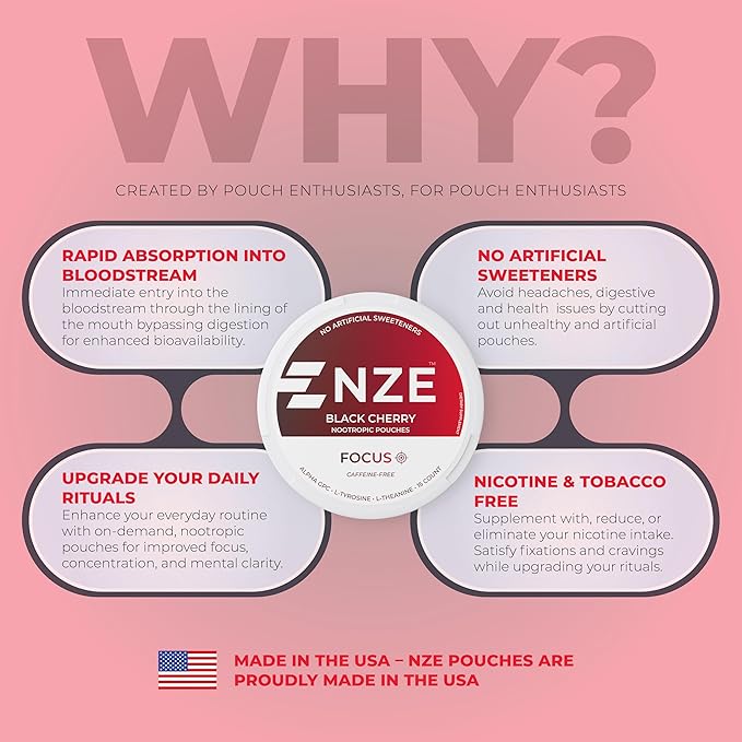 NZE Caffeine Free Nootropic Pouches (Black Cherry) - Nootropic Pouches with Alpha GPC, L-Tyrosine & L-Theanine - No Sugar or Artificial Sweeteners - 15 Pouches Per Can - 5 Pack