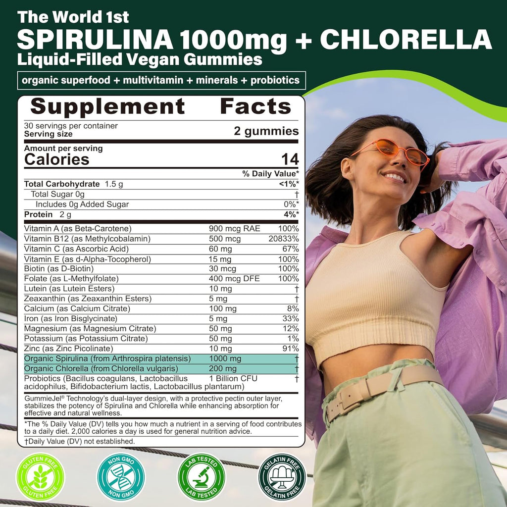 Organic Spirulina Chlorella Gummies, Super Greens with Powerful Antioxidants & Excellent Rich in Chlorophyll, Vegan Protein, Essential Amino Acids & Minerals – Cellular, Energy & Immunity, 60 Cts