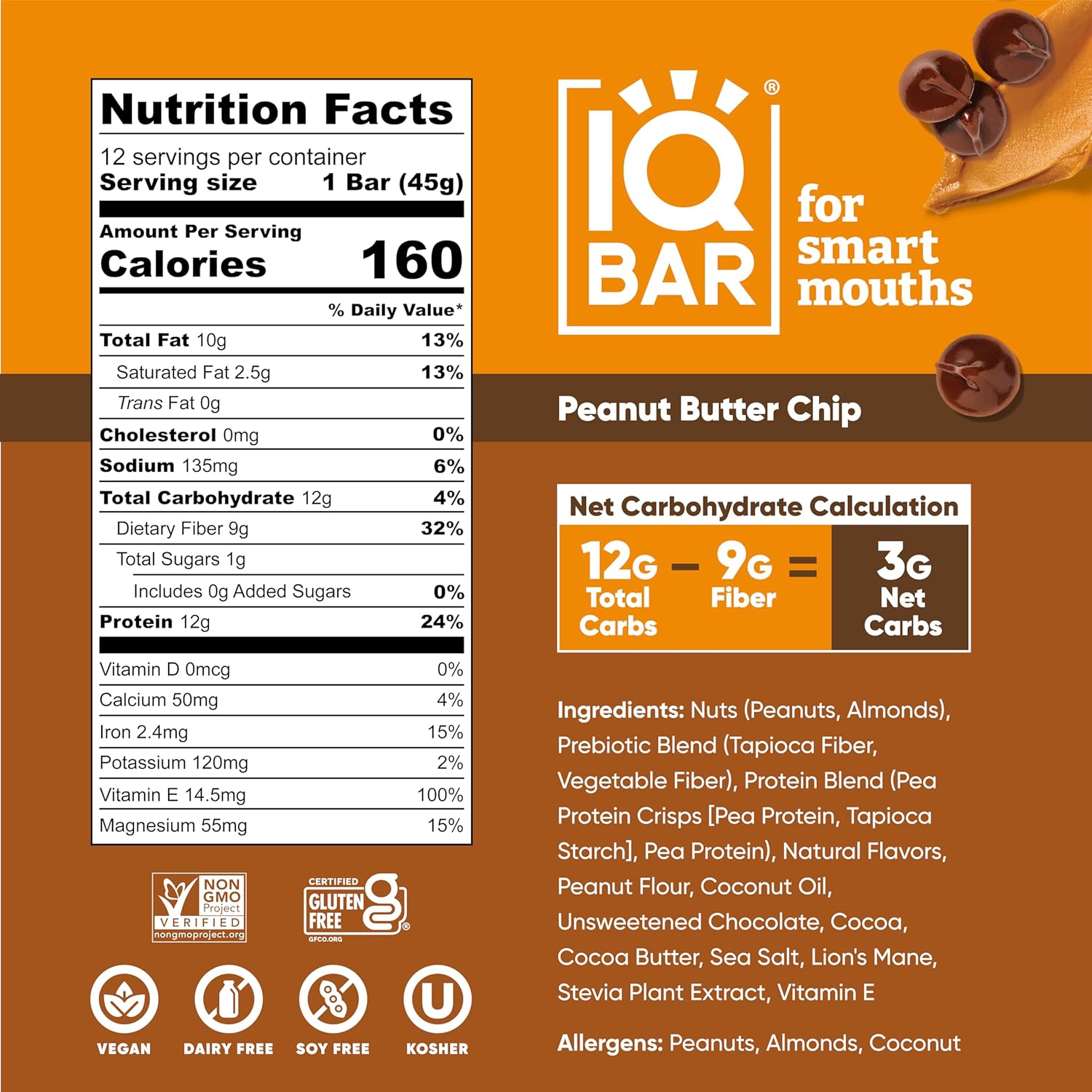 IQBAR Brain and Body Plant Protein Bars - Peanut Butter Chip - 24-Count - Keto, Vegan, Low Carb, High Fiber, Gluten Free, Dairy Free, Low Sugar Snack with Nutrients for Focus, Energy, Meal Replacement