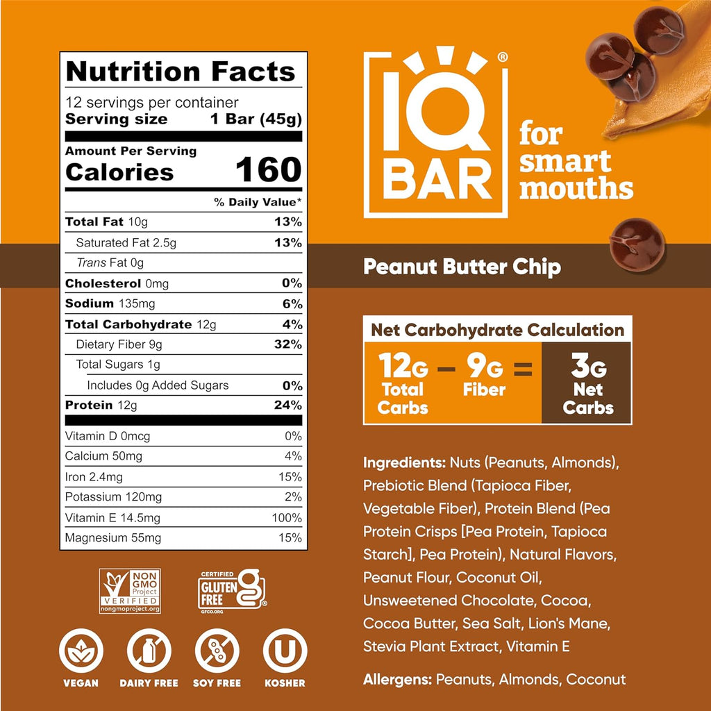 IQBAR Brain and Body Plant Protein Bars - Peanut Butter Chip - 36-Count - Keto, Vegan, Low Carb, High Fiber, Gluten Free, Dairy Free, Low Sugar Snack with Nutrients for Focus, Energy, Meal Replacement