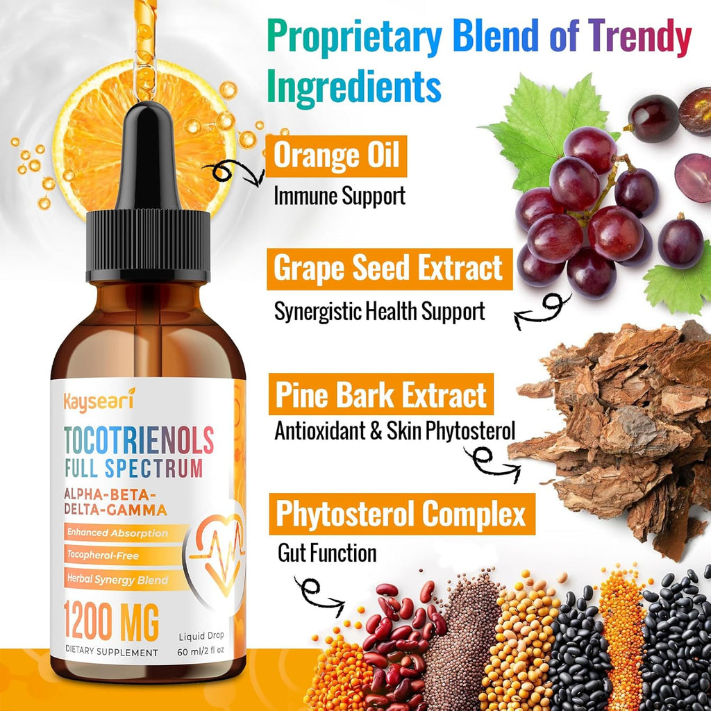 Full Spectrum of Tocotrienols Supplement 1200mg- Tocotrienol Vitamin E Liquid,Tocopherol-Free - Superior Antioxidant Blend - Higher Absorption - 2 fl oz,30 Servings