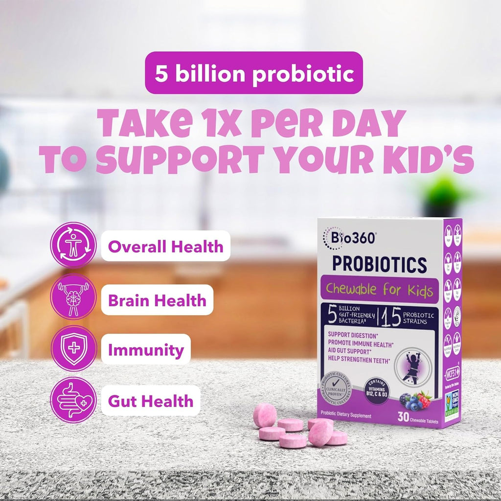 Probiotics for Kids - 15 Strains & 5 Billion CFU Supports Brain, Immune & Digestive Health - Kids Probiotic Chewable with Organic Prebiotics for Gut & Constipation, Mixed Berry Flavor, 30 Count