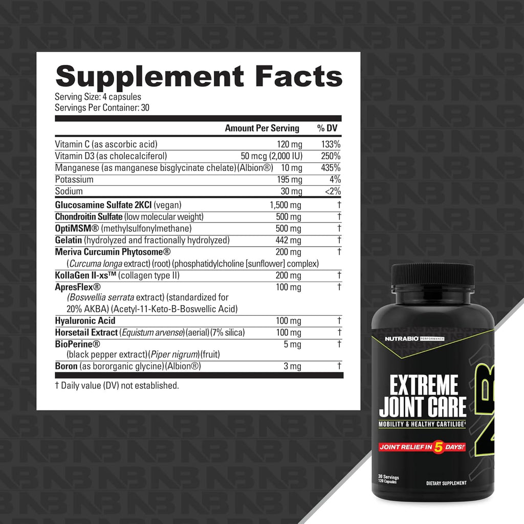 NutraBio Extreme Joint Care - Joint Support Supplement for Joint Relief, Pain-Free Movement - Joint Health Supplement, Supports Joints, Mobility, and Cartilage - 120 Capsules