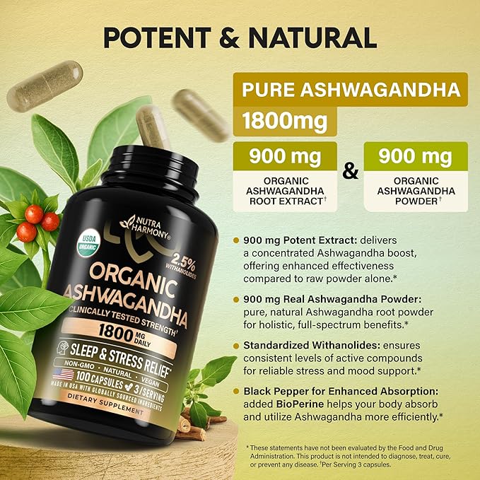 Ashwagandha Supplements 1800mg - USDA Organic Ashwagandha for Women & Men - Clinically Effective Strength for Stress Relief & Sleep - Powder & Root Extract 2.5% Withanolides - Made in USA 100 Capsules