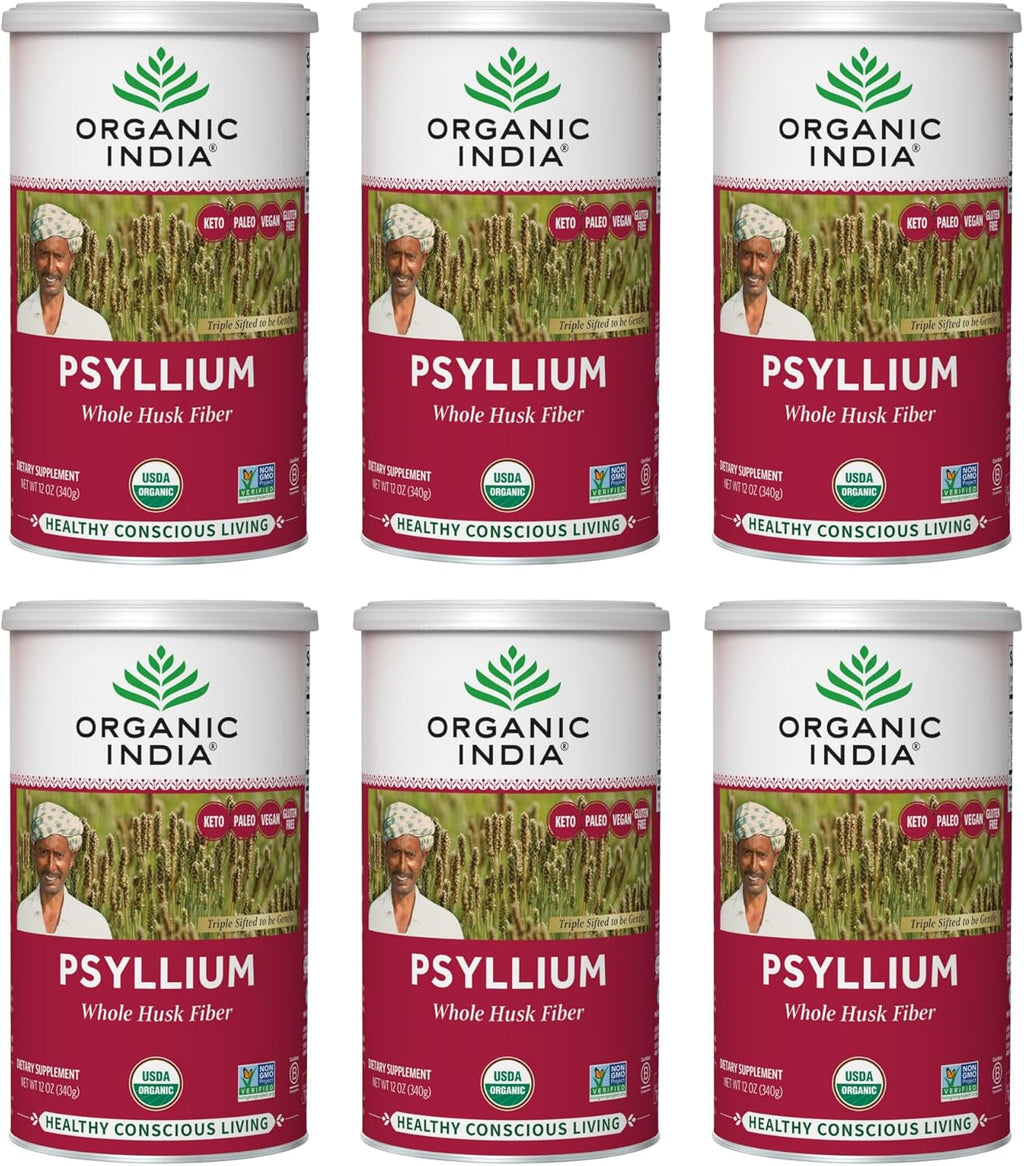 ORGANIC INDIA Whole Psyllium Husk Powder Organic - Psyllium Husk Fiber Supplement, Digestion Support, Vegan, Gluten-Free, Non-GMO, Soluble & Insoluble Fiber Source - 12 oz Canister, 6 Pack