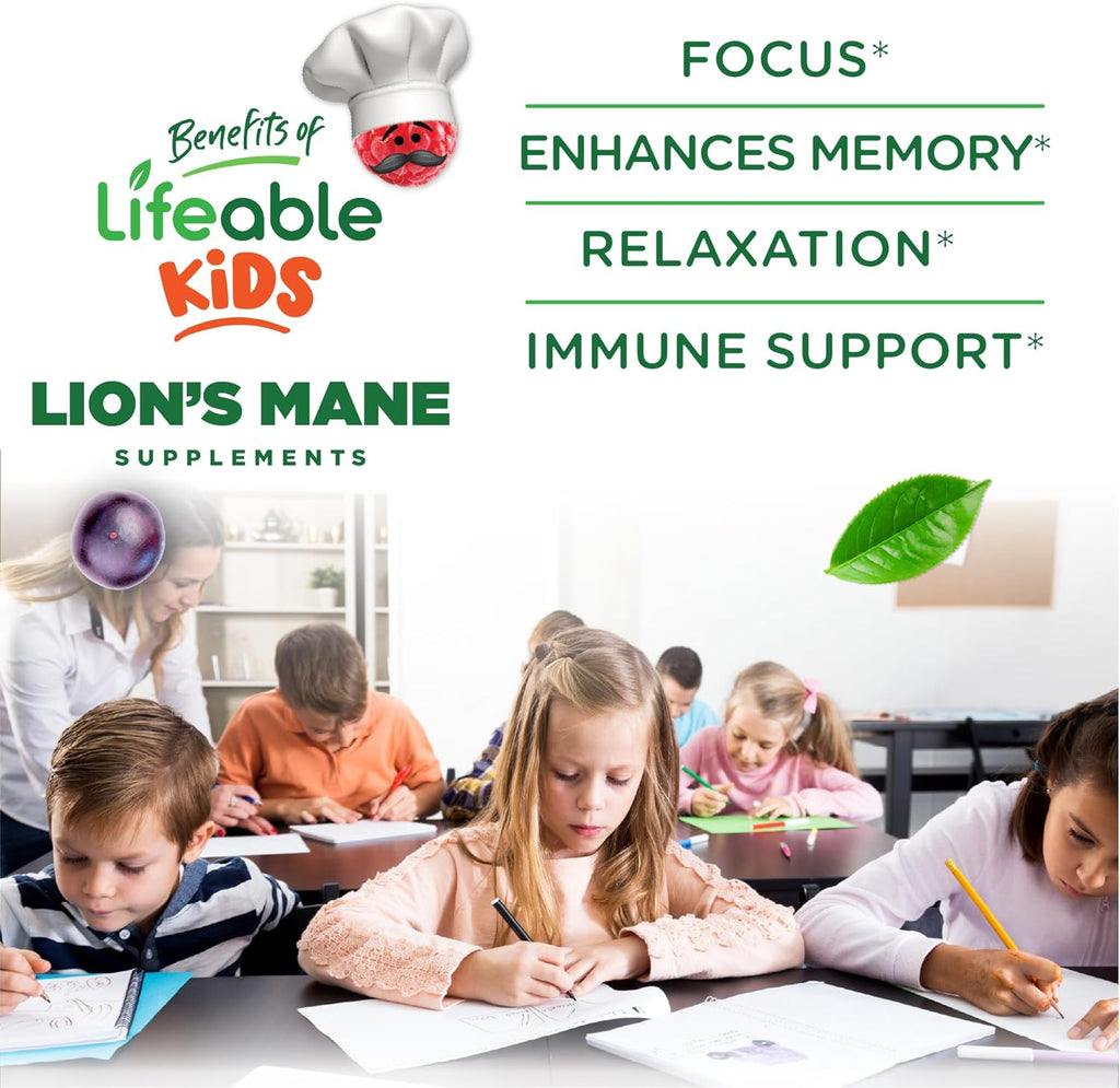 Lifeable Lions Mane Gummies for Kids | Great Tasting Lions Mane Mushroom Supplement | Vegan, Kosher, Non-GMO Kids Mushroom Gummies | Brain Support | 60 Count