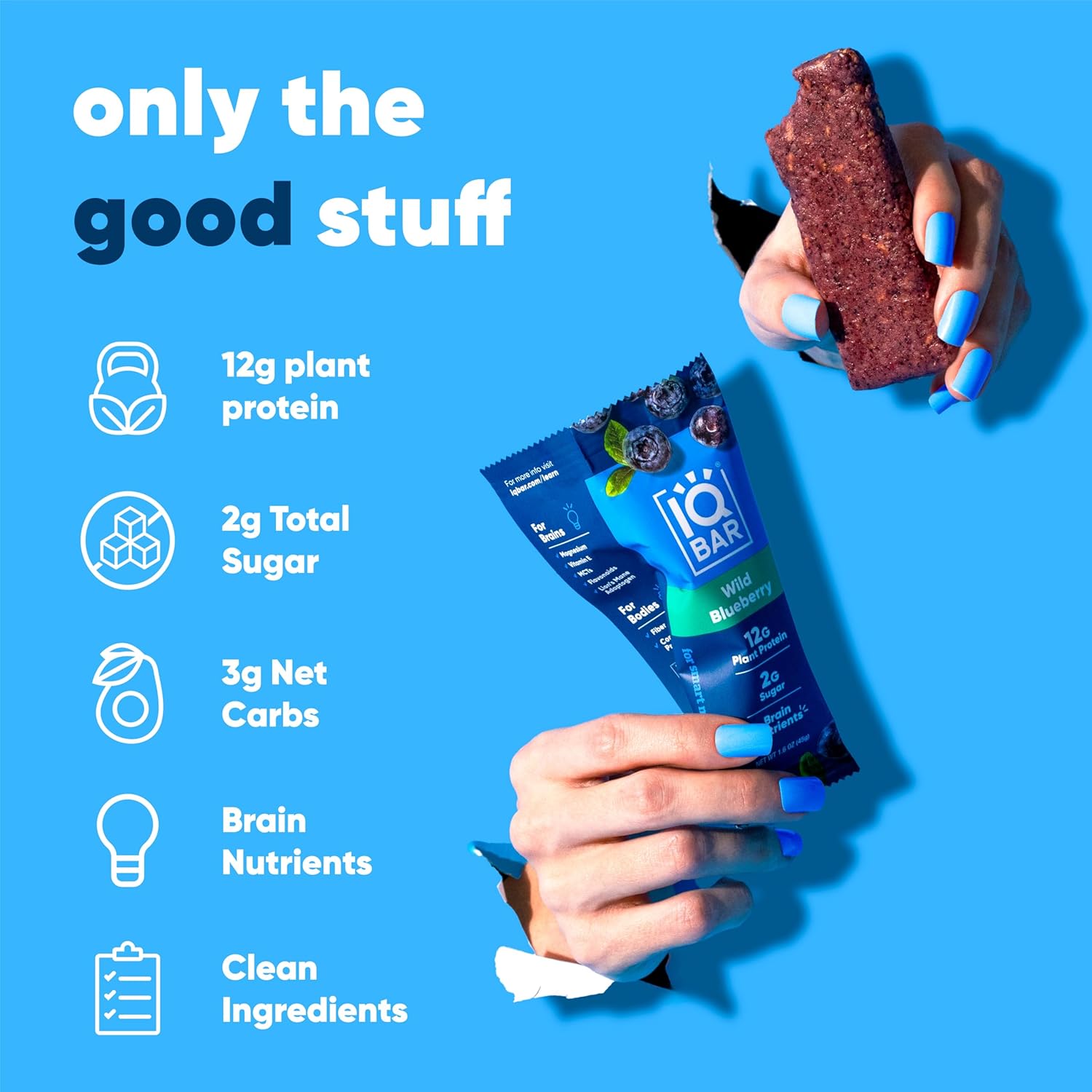 IQBAR Brain and Body Plant Protein Bars - Wild Blueberry - 24-Count - Keto, Vegan, Low Carb, High Fiber, Gluten Free, Dairy Free, Low Sugar Snack with Nutrients for Focus, Energy, Meal Replacement