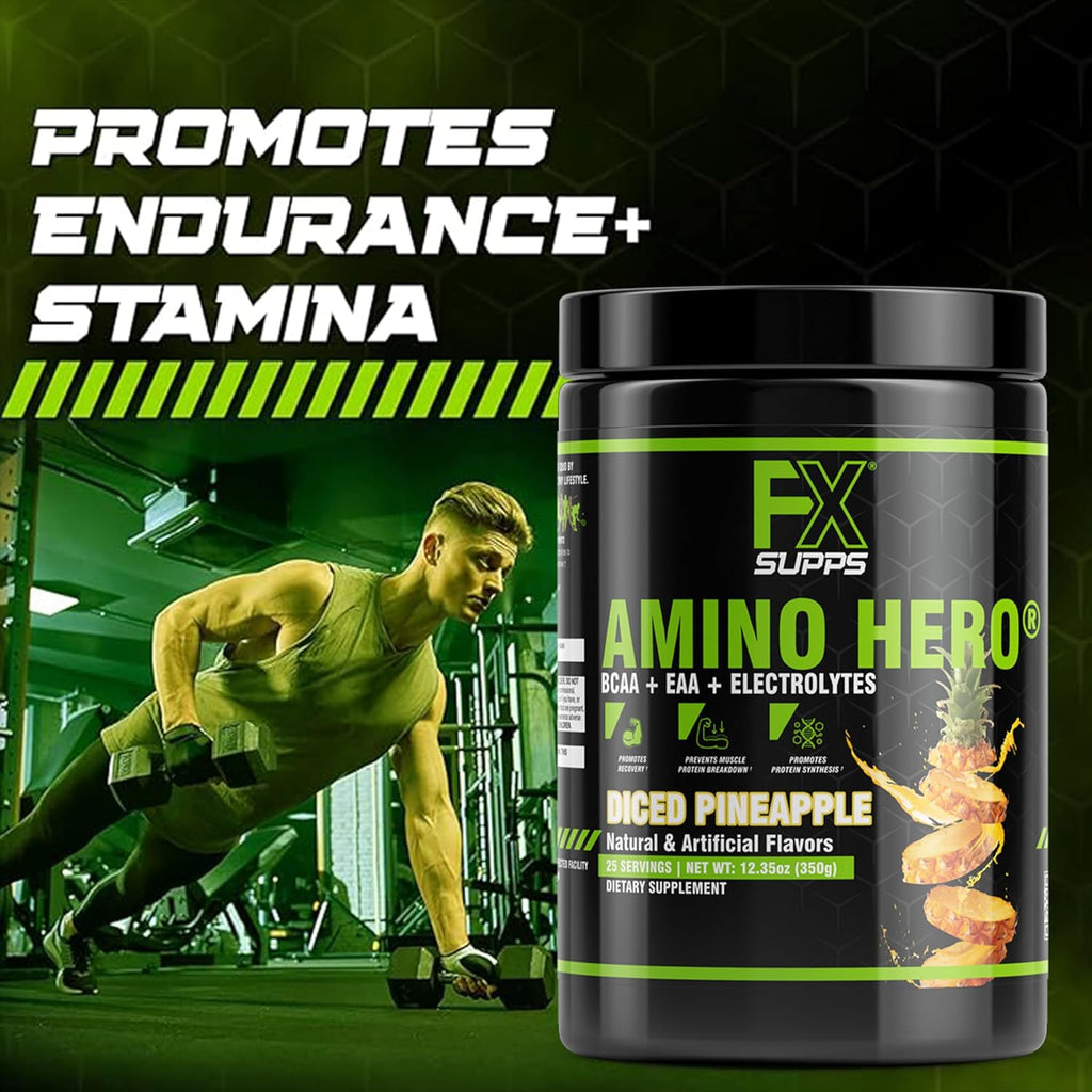 FXSUPPS Amino Hero Diced Pineapple Flavor(25 Servings)|Post-Workout Recovery Drink for Men and Women|Energy Powder Mix with BCAA, EAA, and Electrolytes|Promotes Endurance and Healthy Muscles - 1 Pack