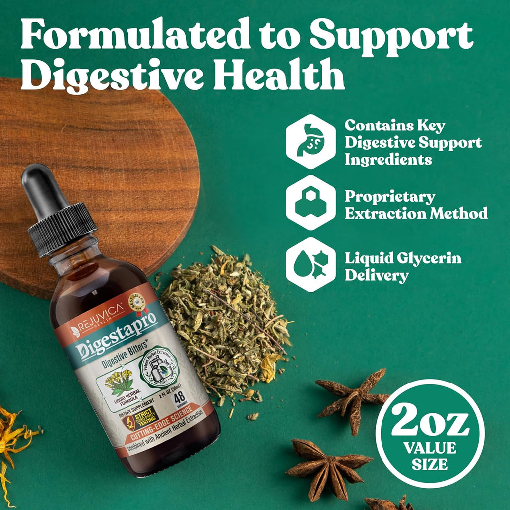 Rejuvica Health DigestaPro - Advanced Digestive Bitters Supplement - Liquid Delivery for Better Absorption - Gentian, Artichoke, Burdock, Chanca Piedra, Ginger & More!