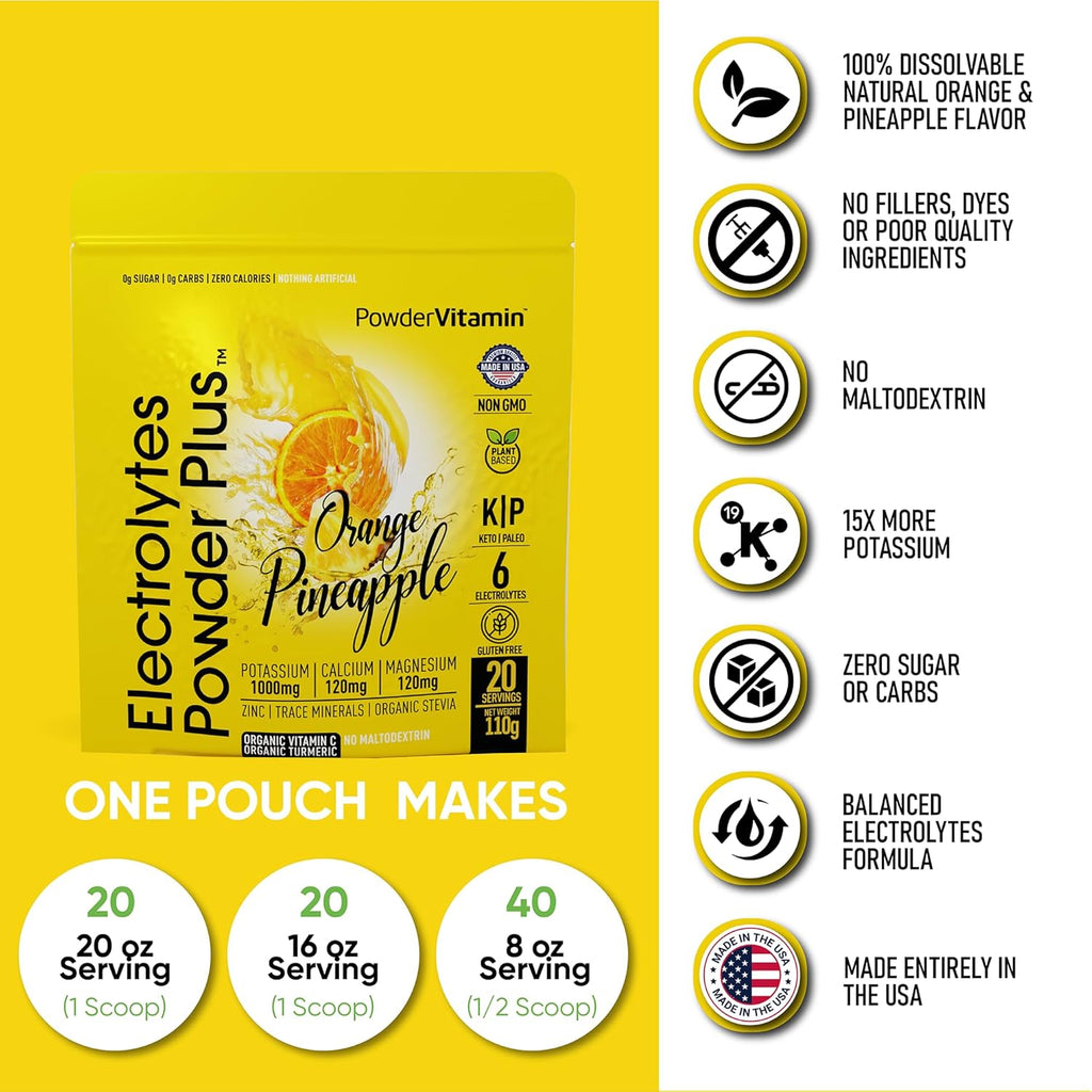 PowderVitamin Electrolytes Powder Plus (20 Servings) Orange Pineapple Electrolyte Powder Zero Calorie Keto,0 Sugar, No Maltodextrin,1000mg Potassium,120mg Calcium,120mg Magnesium, Pink Himalayan Salt