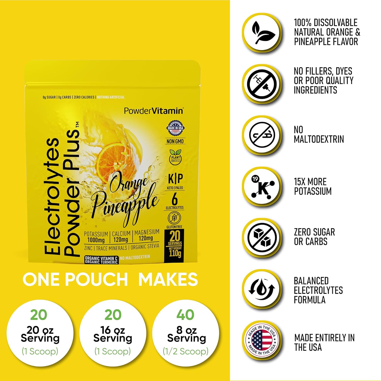 PowderVitamin Electrolytes Powder Plus (20 Servings) Orange Pineapple Electrolyte Powder Zero Calorie Keto,0 Sugar, No Maltodextrin,1000mg Potassium,120mg Calcium,120mg Magnesium, Pink Himalayan Salt