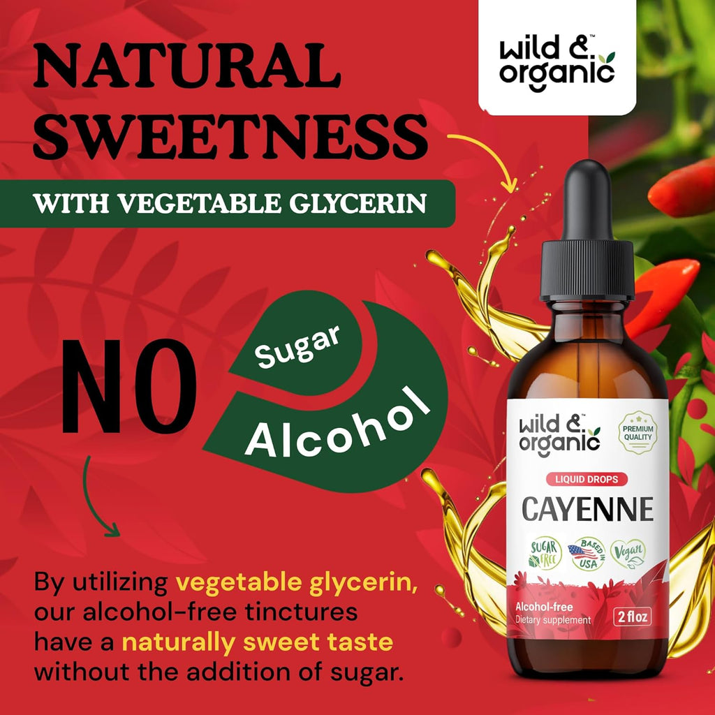 Wild & Organic Cayenne Pepper Tincture - Capsaicin Supplements for Digestive Support - Cayenne Pepper Extract Liquid - Vegan, Alcohol-Free Drops - 2 fl oz