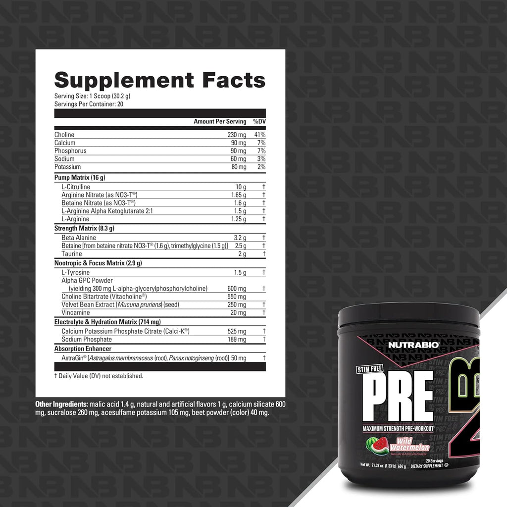 NutraBio STIM-Free PRE Workout for Men, New Formula | Laser Focus, Extreme Pumps | Performance, Endurance | 10g Citrulline, Beta Alanine, Nitrates, Nootropics, Electrolytes - 20 Servings Watermelon