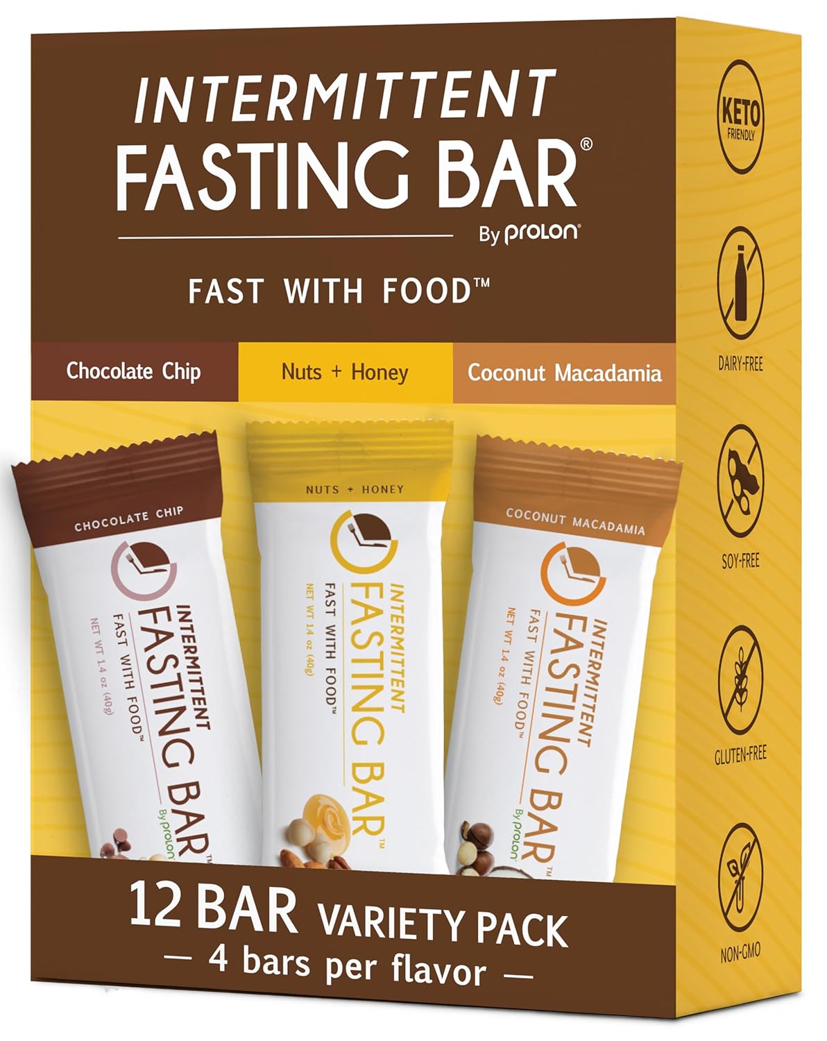 Prolon Fasting Bars | 5g Protein, 7g Fiber | Keto-Friendly, Gluten-Free, Dairy-Free, Plant-Based | Nutrition for Intermittent Fasting | Variety Pack | Nuts & Honey, Chocolate Chip, Coconut Macadamia (12 Count)