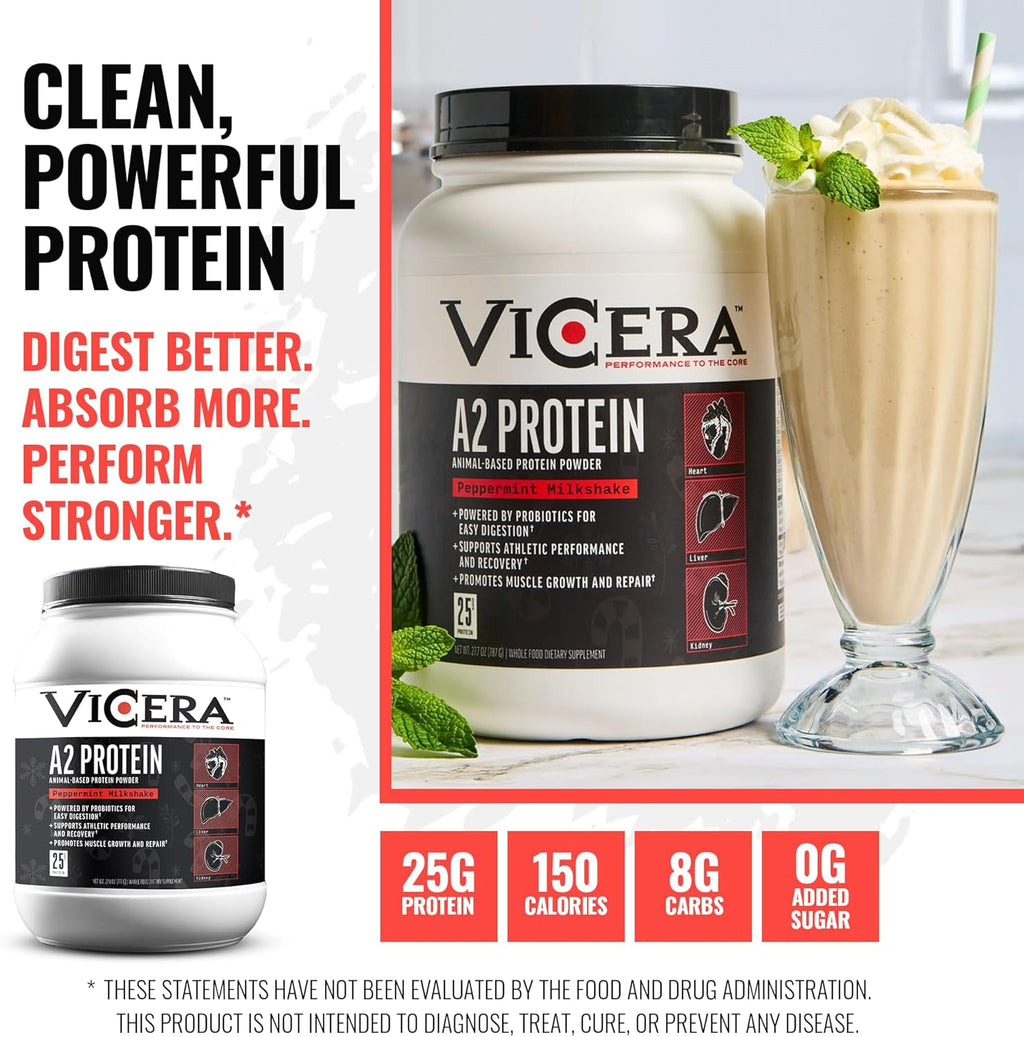 A2 Protein Powder, Peppermint Milkshake, 25 G Protein per Serving, Organic A2/A2 Whey Casein Blend With Probiotics and Celtic Sea Salt, Gluten Free Workout Supplement, Non GMO, 20 Serv, 27.4 Oz