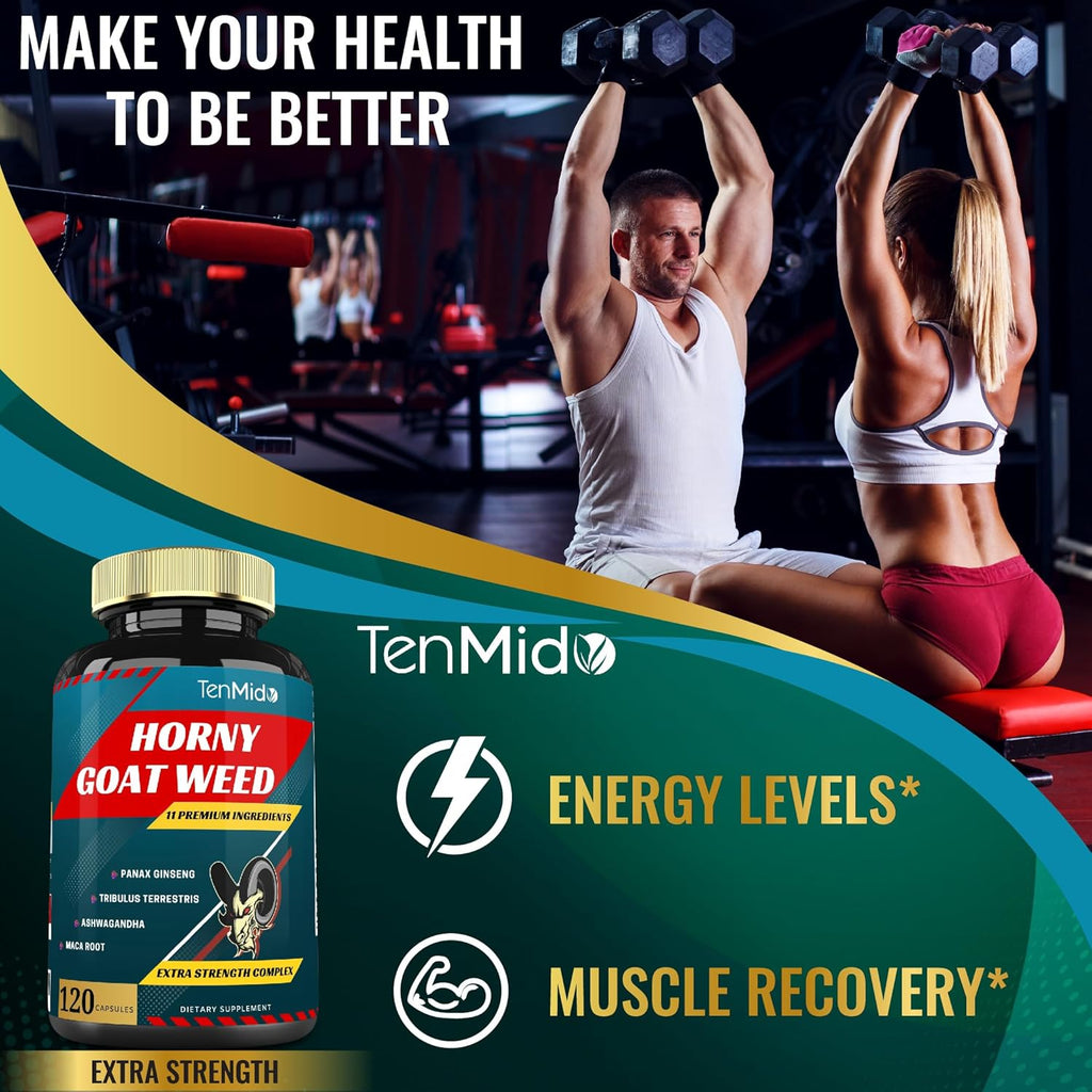 Horny Goat Weed Capsules & Ginseng, Tribulus, Ashwagandha, Maca, Tongkat and More - 120caps