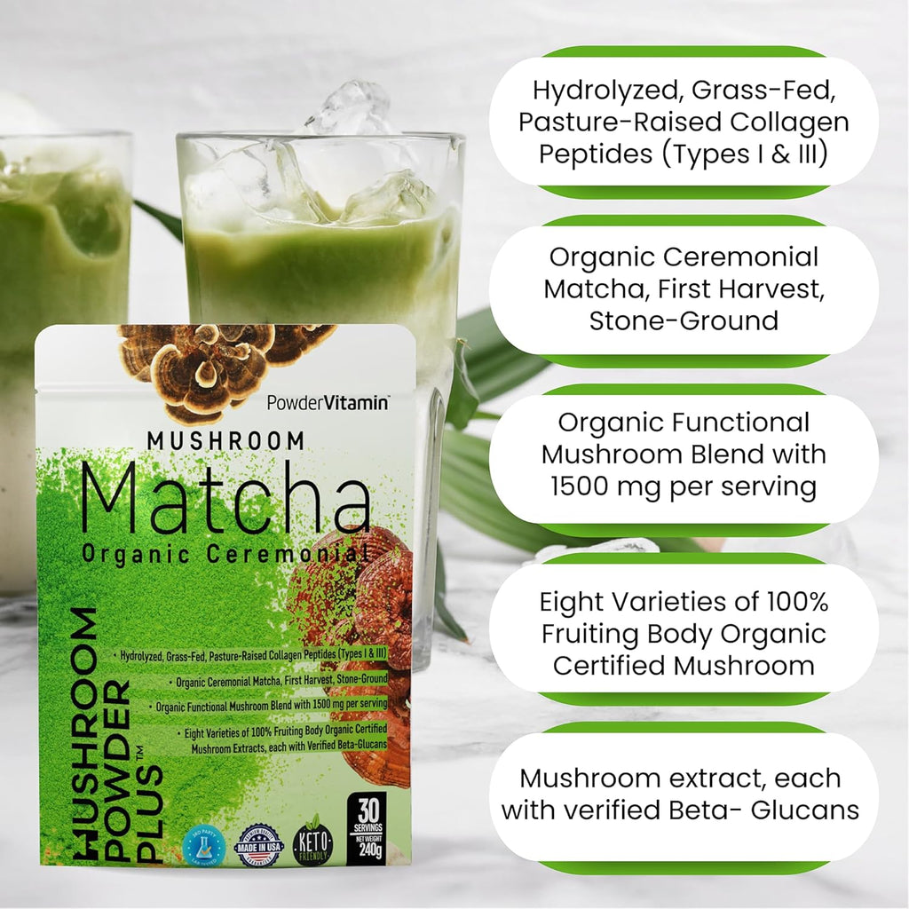 Organic Ceremonial Mushroom Matcha Certified Pesticide-Free Grass-Fed Collagen Types I & III 8 Fruiting Body Mushrooms Tested for Beta-Glucans Focus Digestion & Immunity 30 Servings