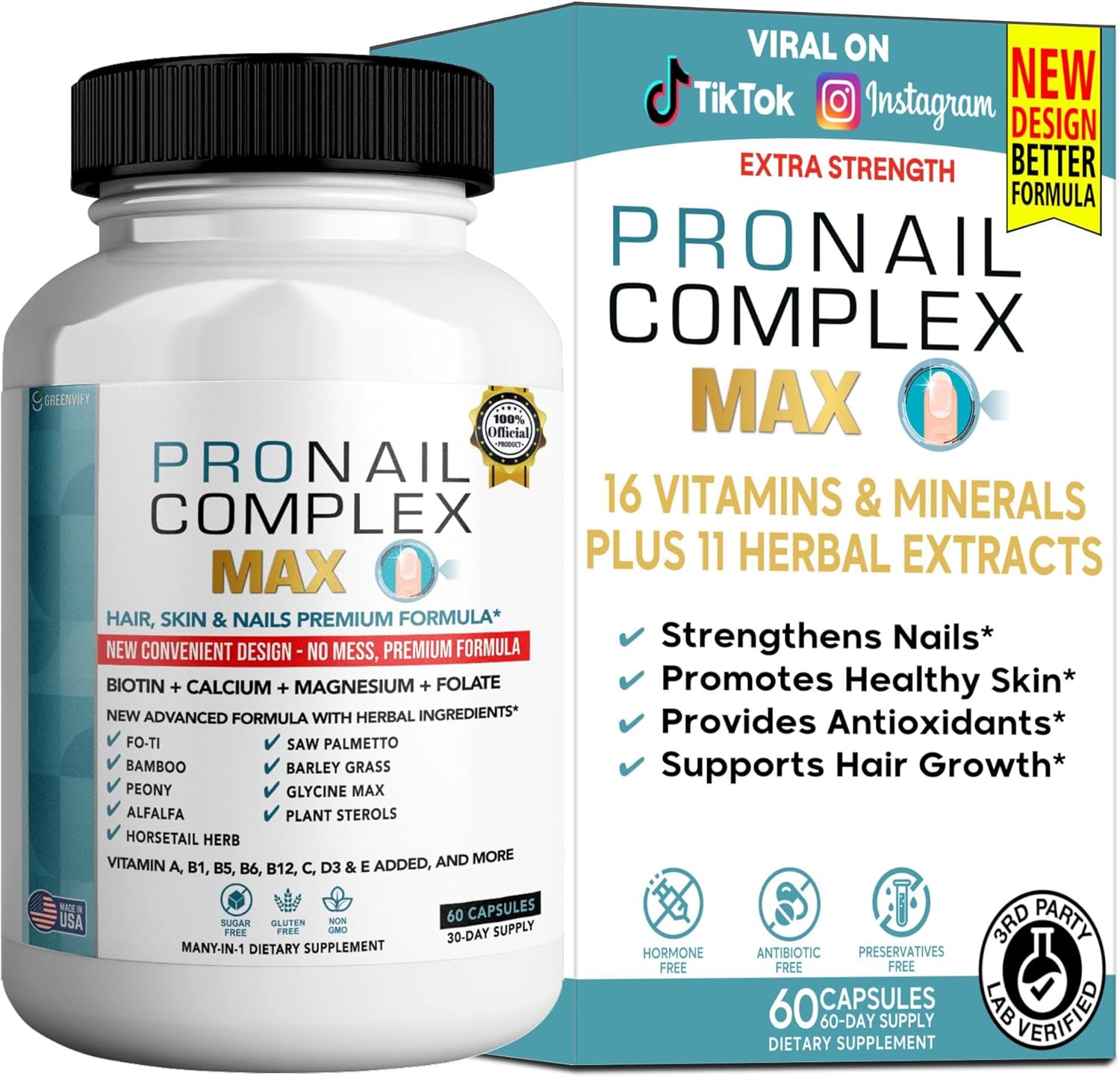 ProNail Complex Max Hair, Skin & Nails Premium Supplement with Biotin & Herbal Blend, 60 Capsules, 30 Day Supply (1)