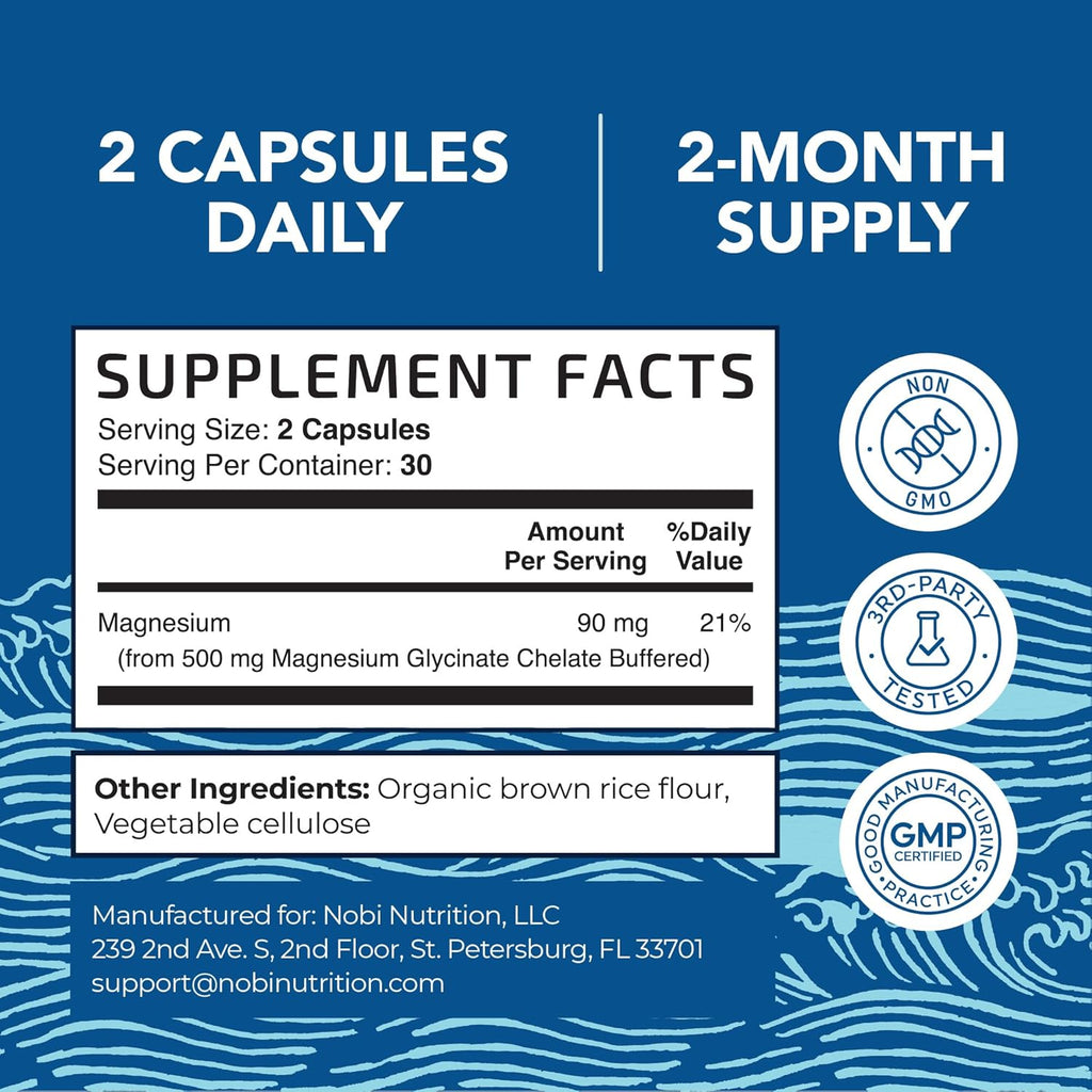 Magnesium Glycinate 500mg | Chelated for High Absorption | Muscle Relaxation, Bones, Heart, Nerve, Sleep & Calm Support for Women & Men | Magnesium Chelate Supplement & Bisglycinate Complex | 60ct
