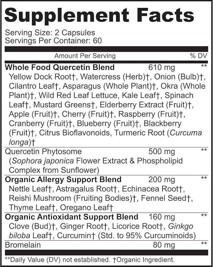 MoxyVites Quercetin with Bromelain 500mg Supplement - Bioactive Phytosome Complex, Pure Organic Whole Food Seasonal Support, Antioxidant, 20X Absorption & Bioavailability-120 Caps