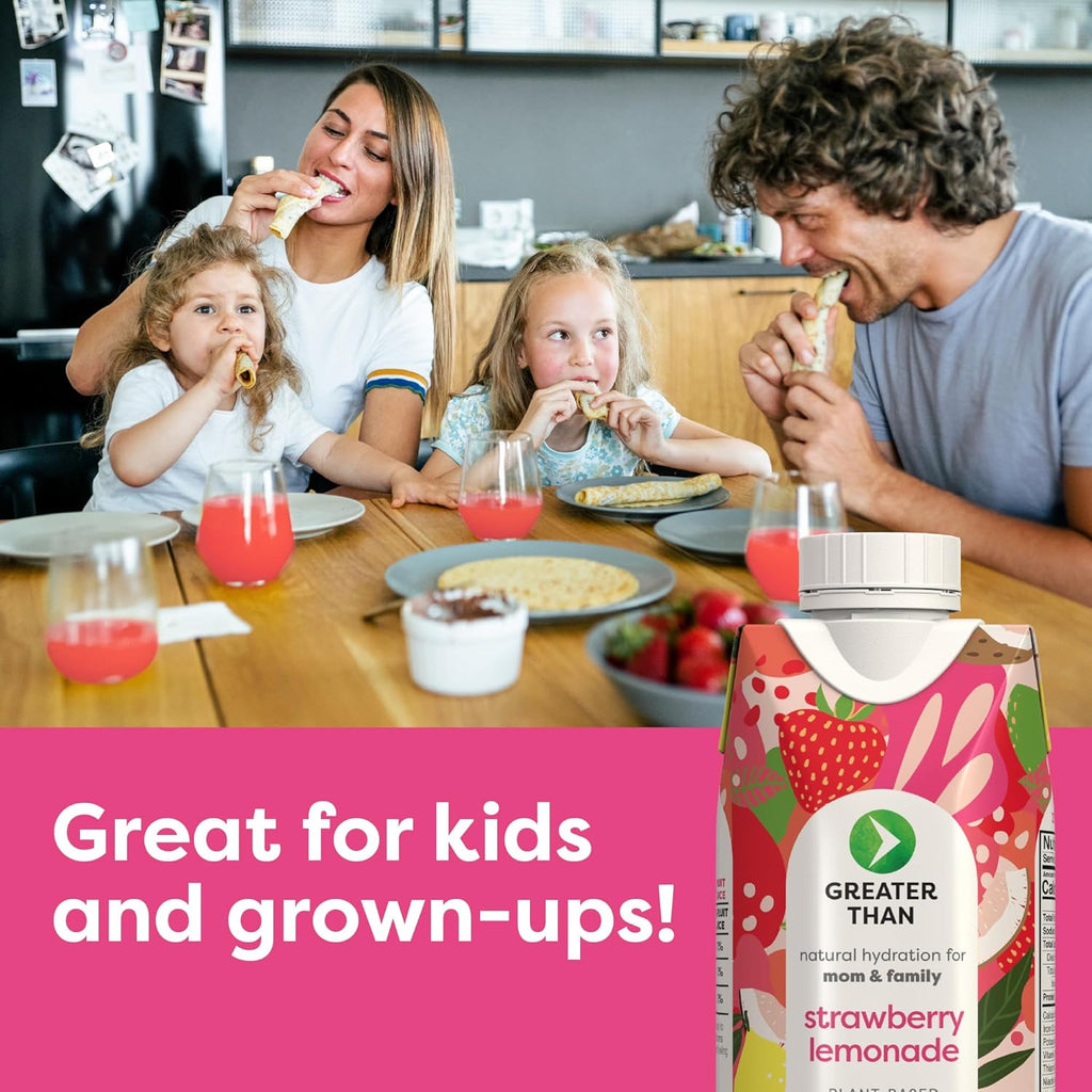 Greater Than Nutrient Hydration Beverage, Electrolyte Drink for Gut Health & Energy with Coconut Water, Vitamins, Gluten Free, Plant Based, Low Sugar for Moms and Families, Strawberry Lemonade, 12 Pack