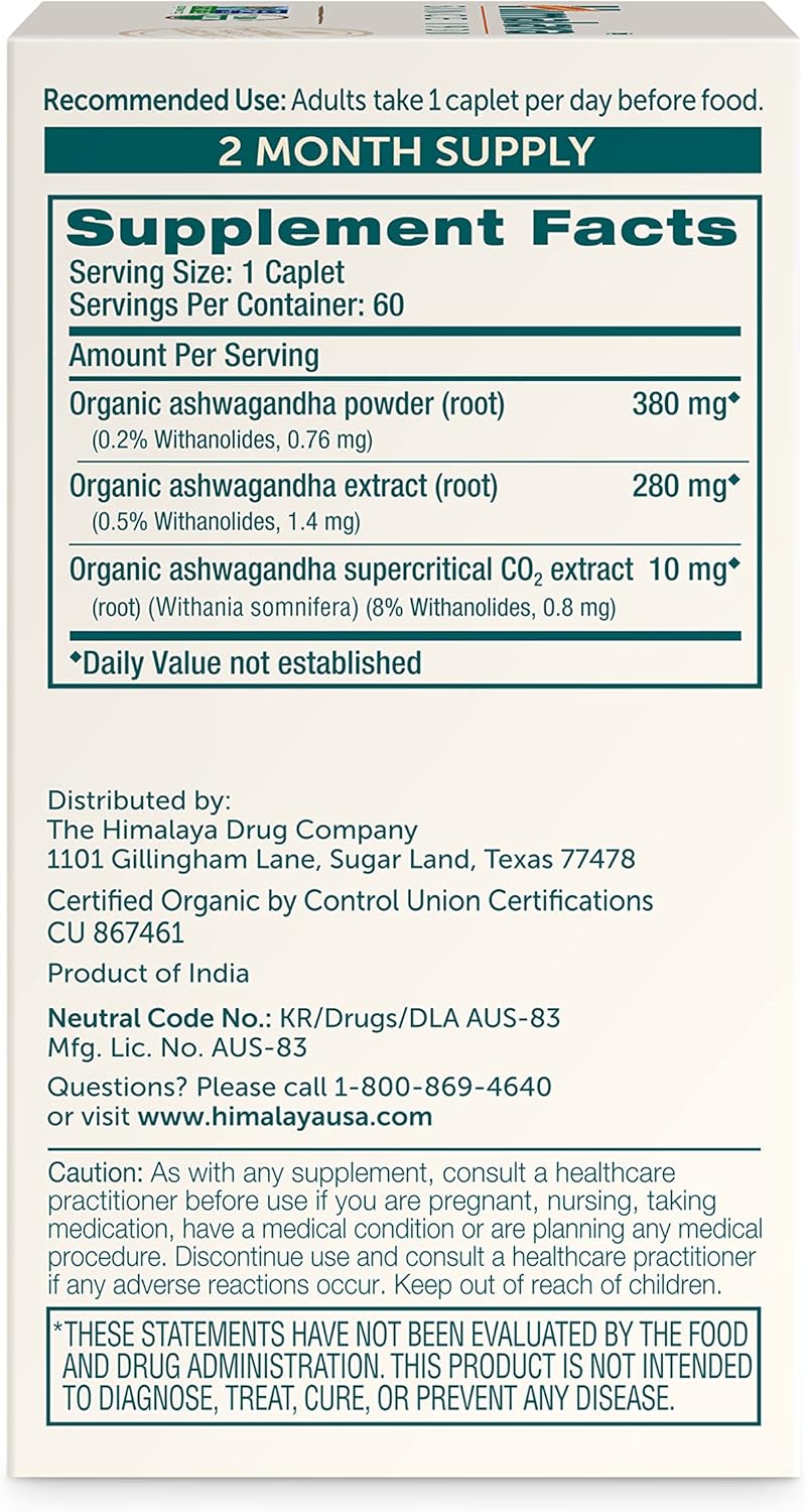 Himalaya Organic Ashwagandha Root, 60 Day Supply - Herbal Adrenal Support Supplements for Stress Relief and Energy Support - USDA Organic, Non-GMO, Vegan, Gluten Free, No Additives, 670 mg, 60 Caplets