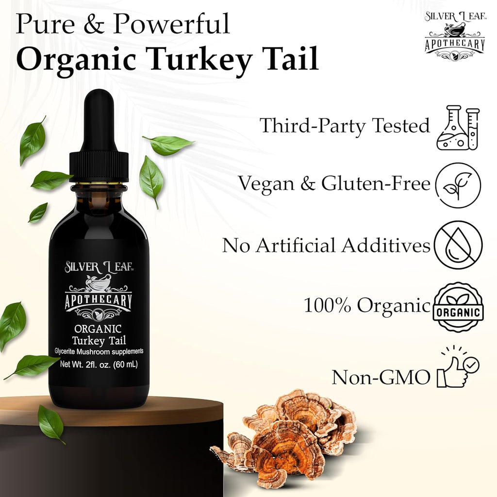 Silverleaf Apothecary Organic Triple-Extracted Turkey Tail Tincture Mushroom Supplement for Immune Support, Gastrointestinal & Gut Microbiome Wellness - 2 Fl Oz (60ml)