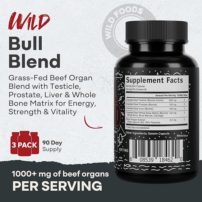 Wild Grass Fed Beef Organ Supplement for Men - Complete Ancestral Nutrition Complex with Beef Liver, Testicle, Prostate & Bone Matrix - Organ Meat Supplements - 30 Day Supply