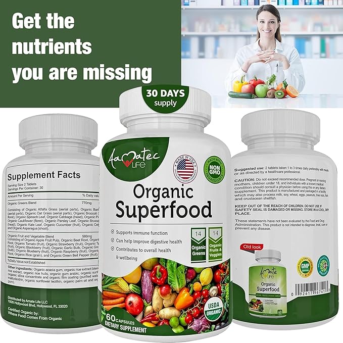 Organic Superfood Greens Fruits and Veggies Complex - Dietary Supplement with 14 Greens and 14 Fruits & Vegetables with Alfalfa Rich in Antioxidant Organic Ingredients Non-GMO, 60 Count