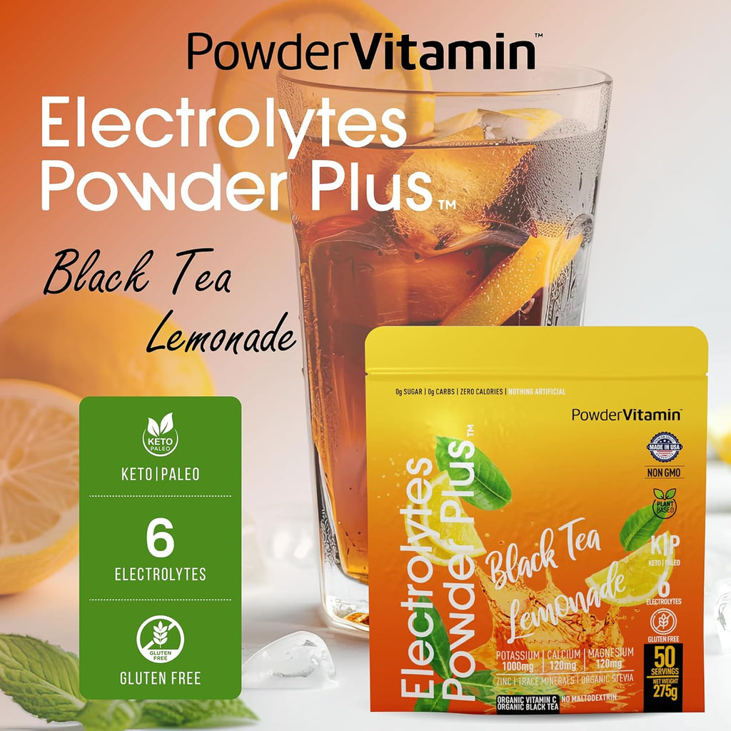 Electrolytes Powder Plus (50 Servings) Black Tea Lemonade Electrolyte Powder Zero Calorie Keto,0 Sugar, No Maltodextrin,1000mg Potassium,120mg Calcium,120mg Magnesium, Hydration Powder