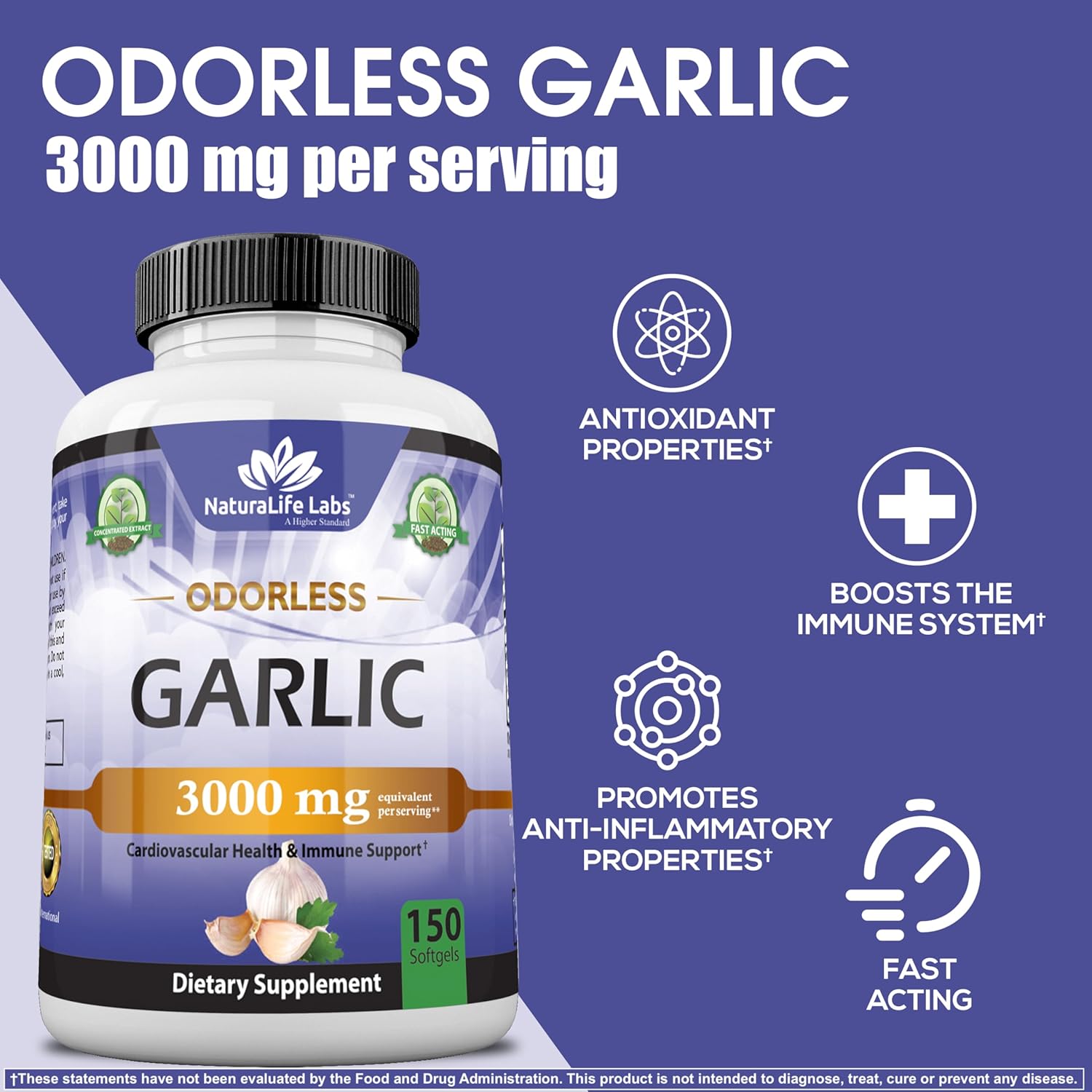 NaturaLife Labs A Higher Standard Odorless Garlic 3000 mg per Serving Immune System Support - 150 Soft gels
