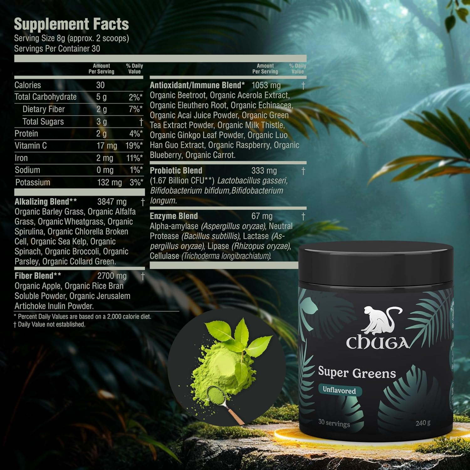 Chuga's Super Greens Powder – Organic Superfood Blend with Greens, Fruits & Probiotics – Boosts Energy, Detox, and Digestion – Vegan, Non-GMO, Gluten-Free, Keto Friendly - 30 Servings