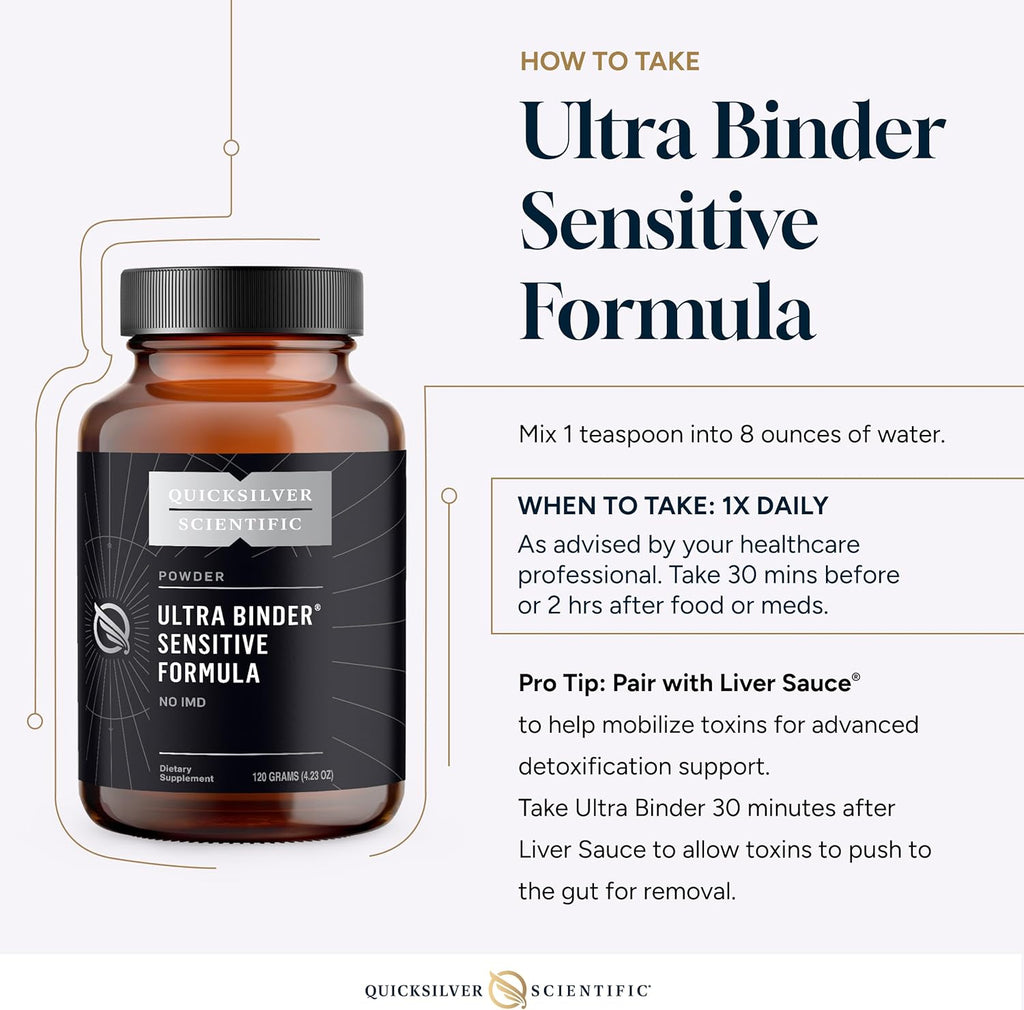 Quicksilver Scientific Ultra Binder Sensitive Formula - Gut Health Supplement with Activated Charcoal, Bentonite Clay - Cleansing Support Powder (120g)