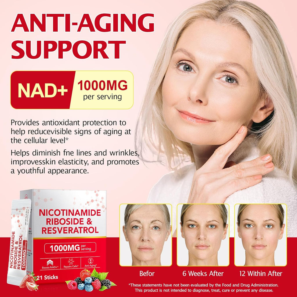 1000MG High-Pontency Liposomal NAD+ Liquid Supplement with Resveratrol & Quercetin, High Purity-Supports Cellular Longevity, Anti-Aging, Energy Metabolism | 21 Packets