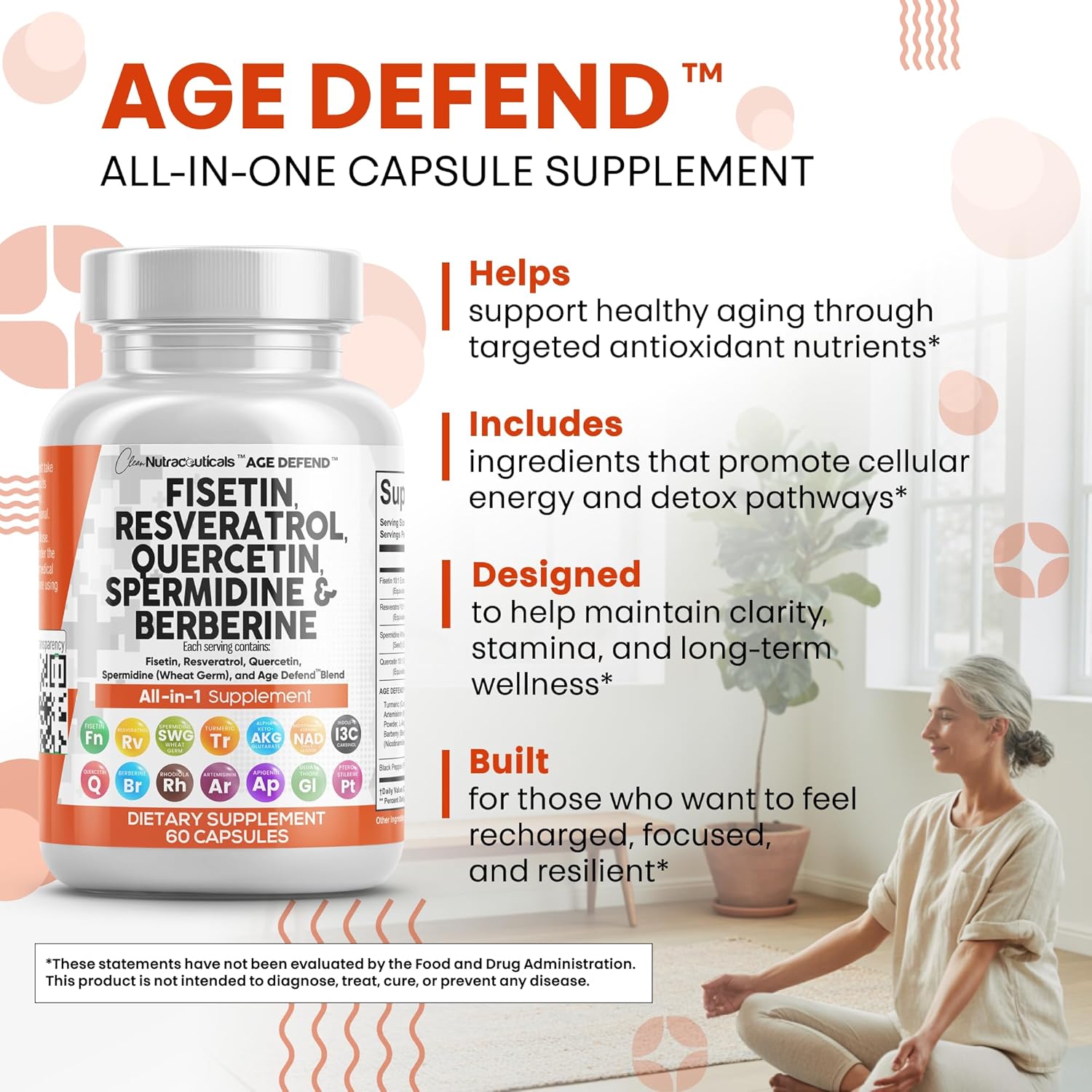 Clean Nutraceuticals Fisetin Quercetin Resveratrol with Spermidine Wheat Germ Extract - Health Supplement for Adults Longevity with Berberine, Collagen, Rhodiola, Apigenin