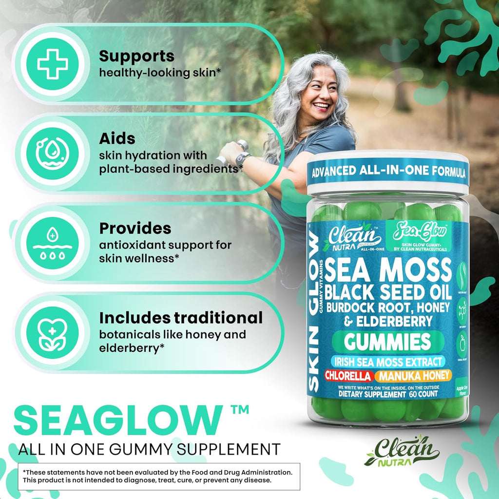 Clean Nutra Sea Moss Gummies Black Seed Oil Chlorella Ashwagandha Root Hair Growth Skin Glow Irish Sea Moss Elderberry Burdock Manuka Honey Trace Minerals Detox 60 Gummy Vitamins Sea Glow Supplement