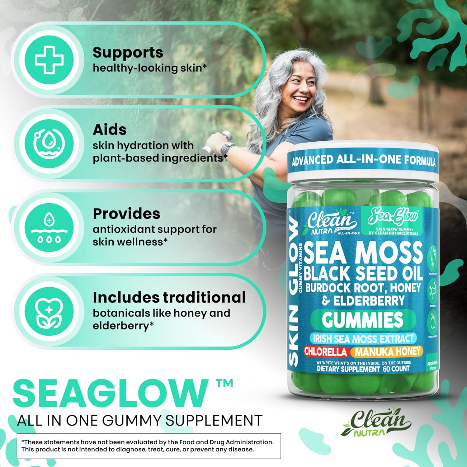 Clean Nutra Sea Moss Gummies Black Seed Oil Chlorella Ashwagandha Root Hair Growth Skin Glow Irish Sea Moss Elderberry Burdock Manuka Honey Trace Minerals Detox 60 Gummy Vitamins Sea Glow Supplement