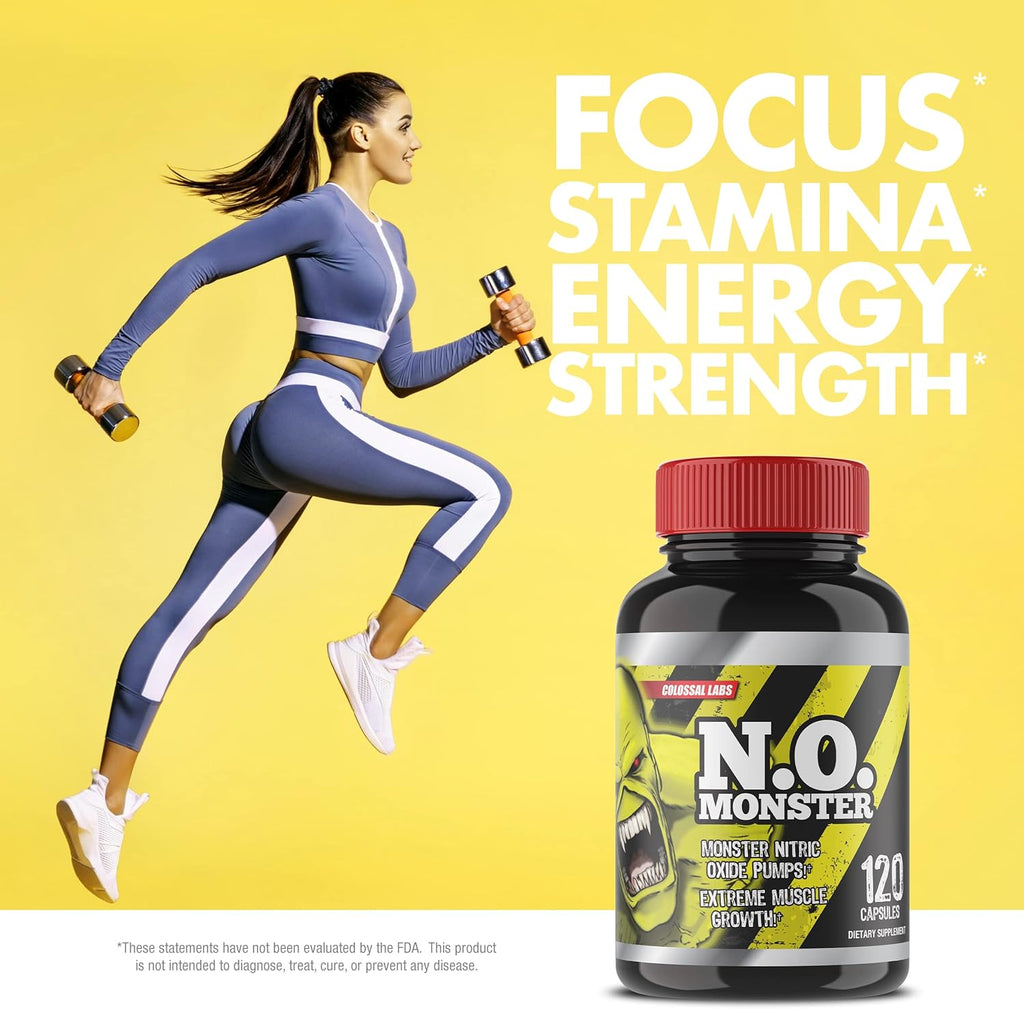 N.O. Monster Nitric Oxide Booster with L-Arginine – Extreme Pumps for Strength, Muscle Growth, Pre-Workout Support – Boost Energy, Stamina & Endurance – 120 Capsules, Made in The USA
